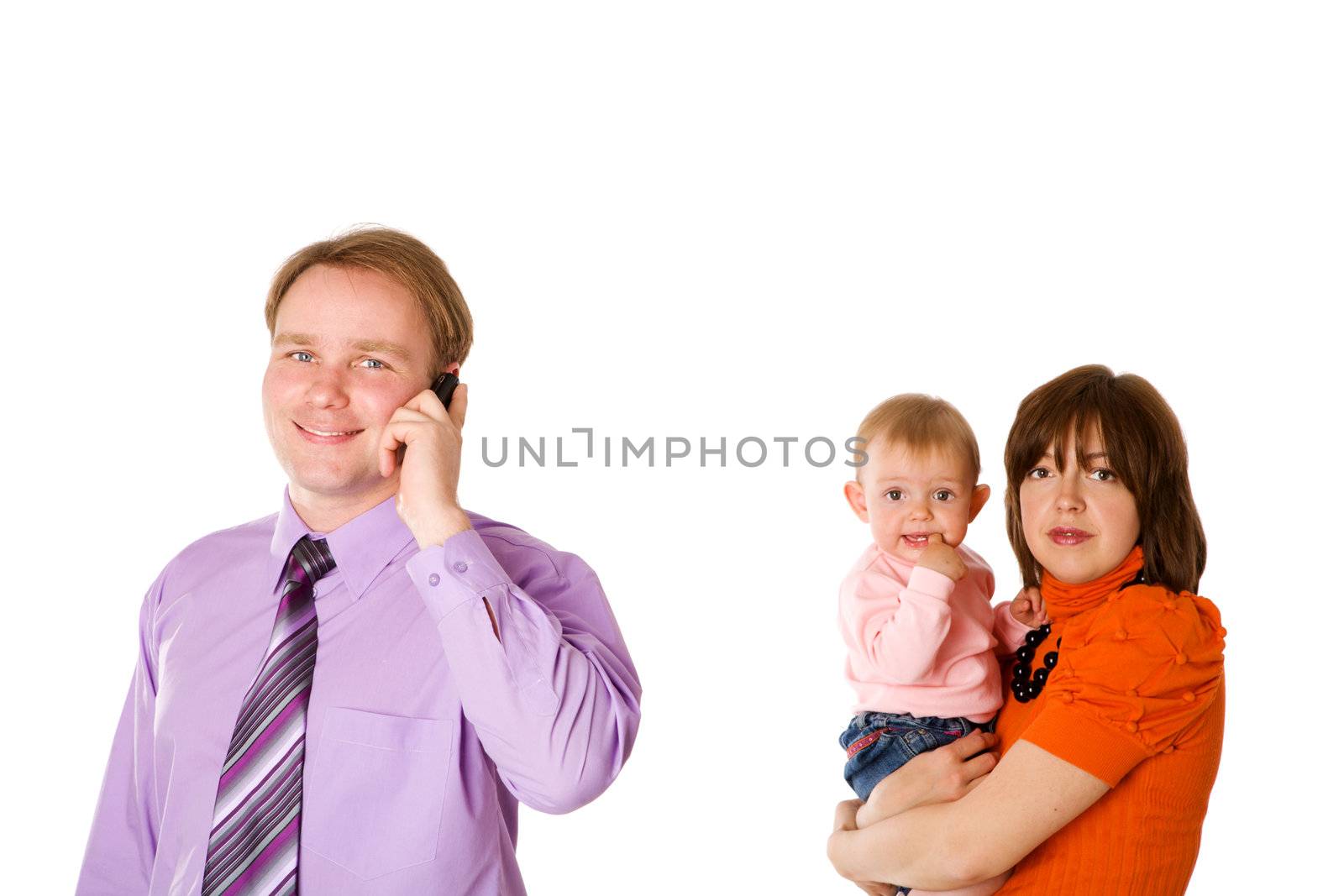 Busy father and family isolated on white