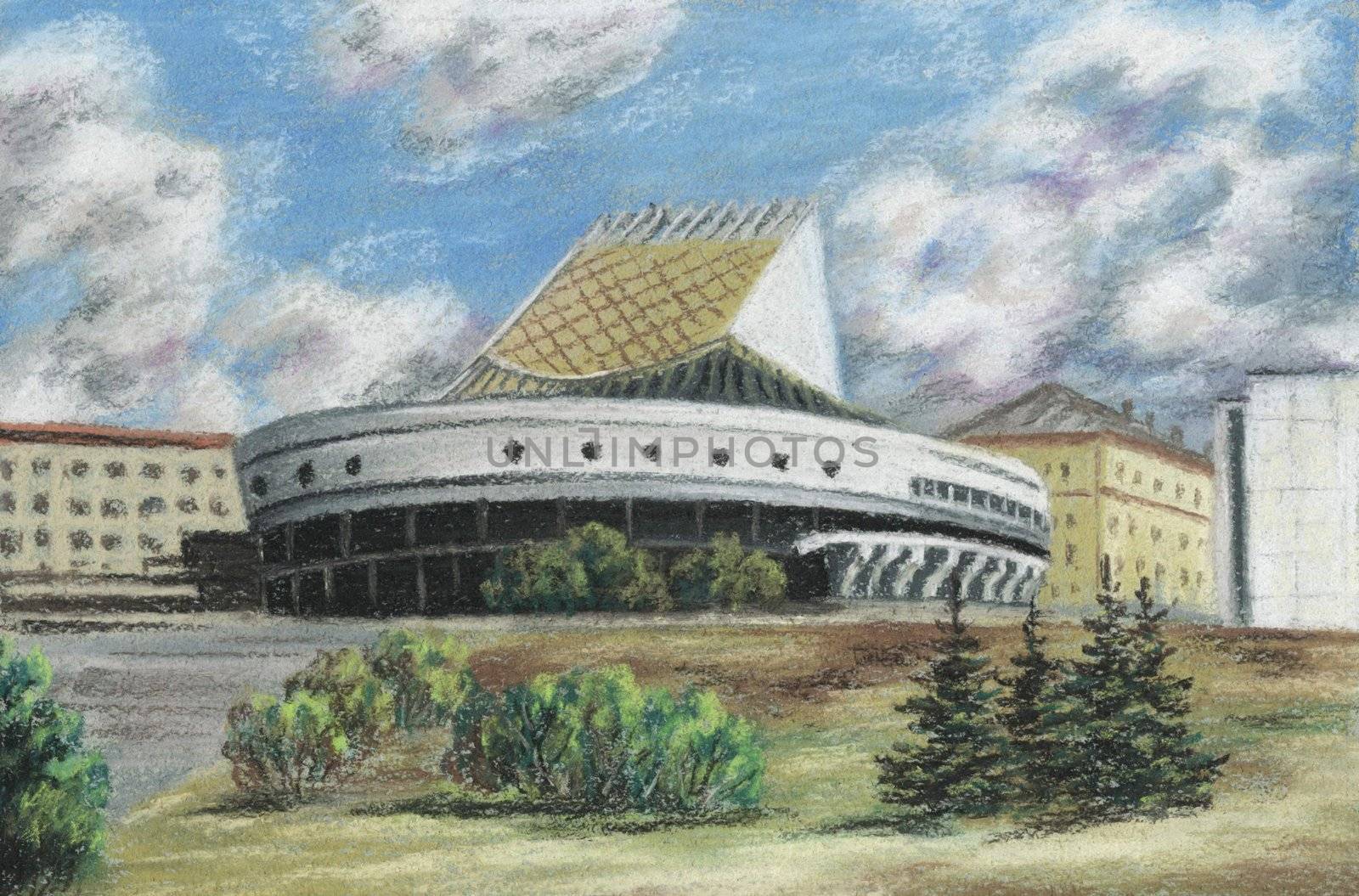 Picture a pastel on a cardboard: theatre the Globe, Russia, Novosibirsk