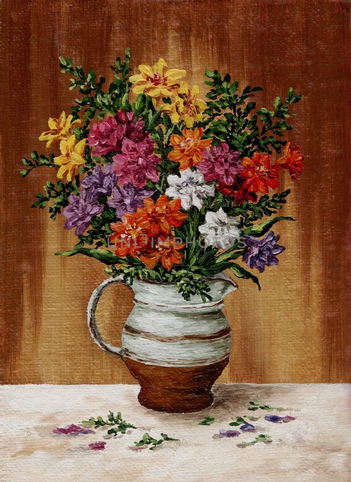 Picture oil paints on a canvas: a bouquet of freesia in a milk jug
