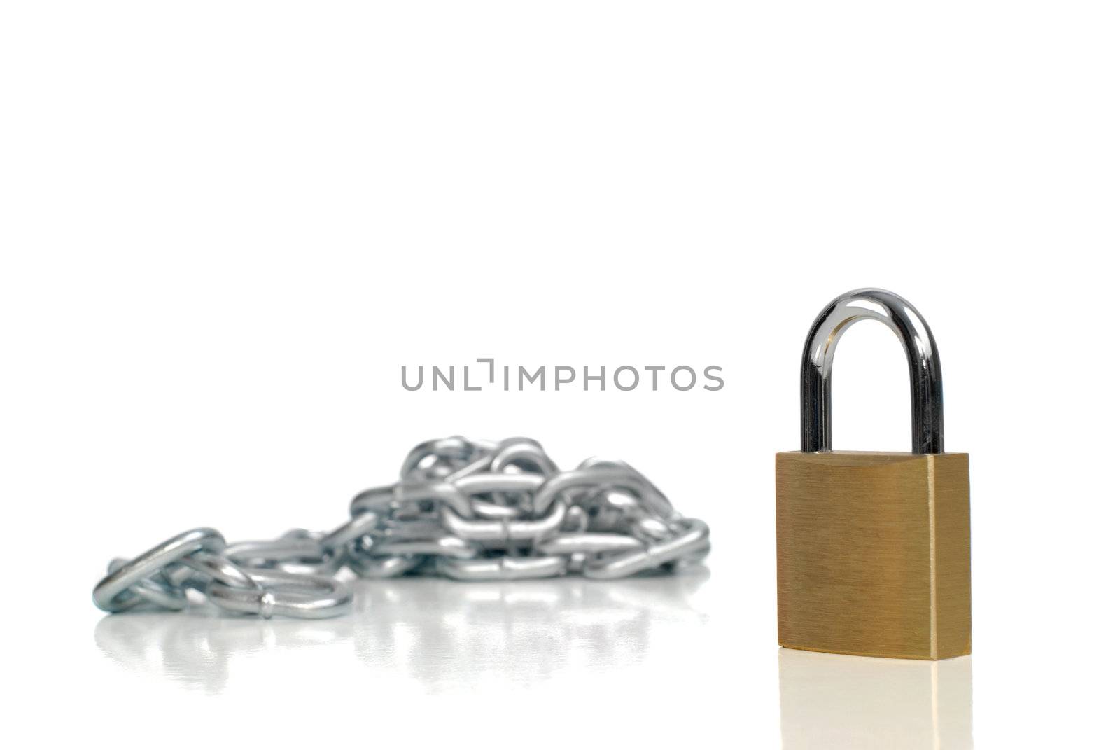 Padlock and chains isolated on white background.