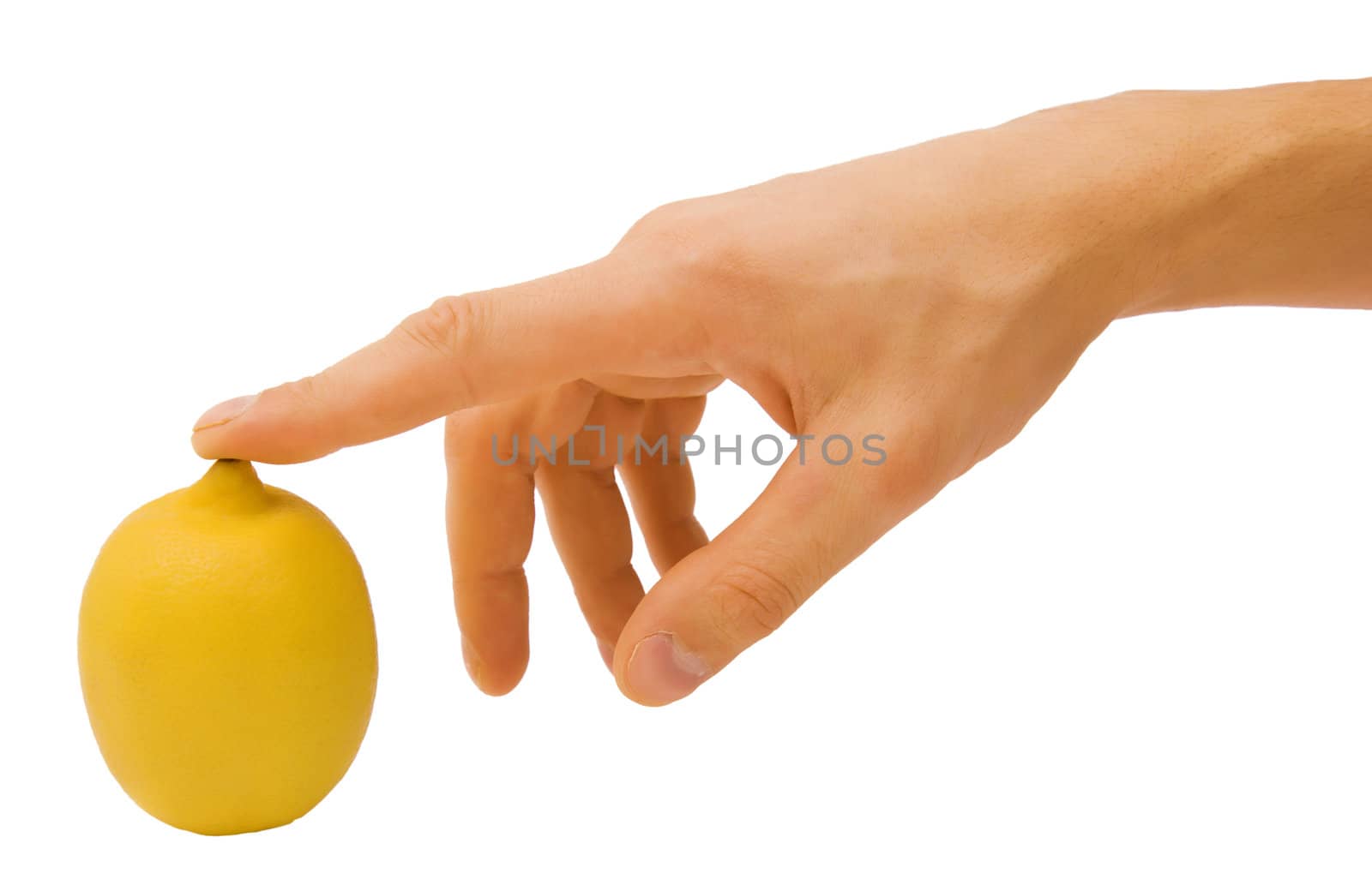 yellow lemon and male hands on a white background