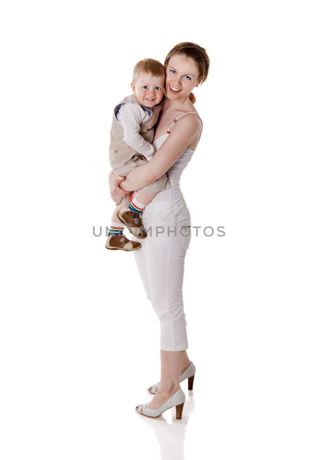 Happy cheerful Mother and son isolated on white
