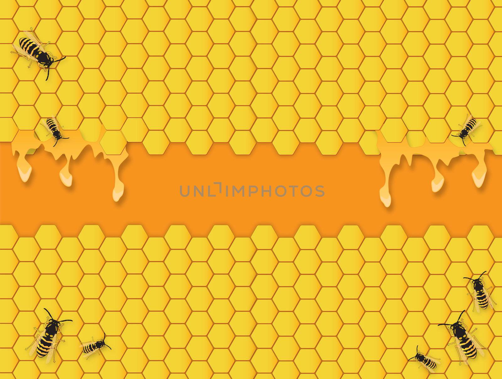 Yellow Bees hive hexagon background with honey