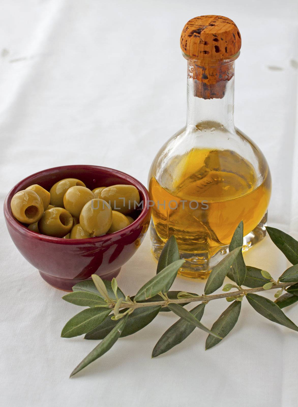 Oil, olives and olive branch over a white cloth