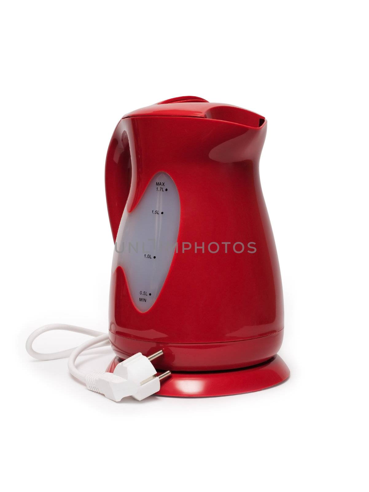 Modern red electric kettle isolated on white background