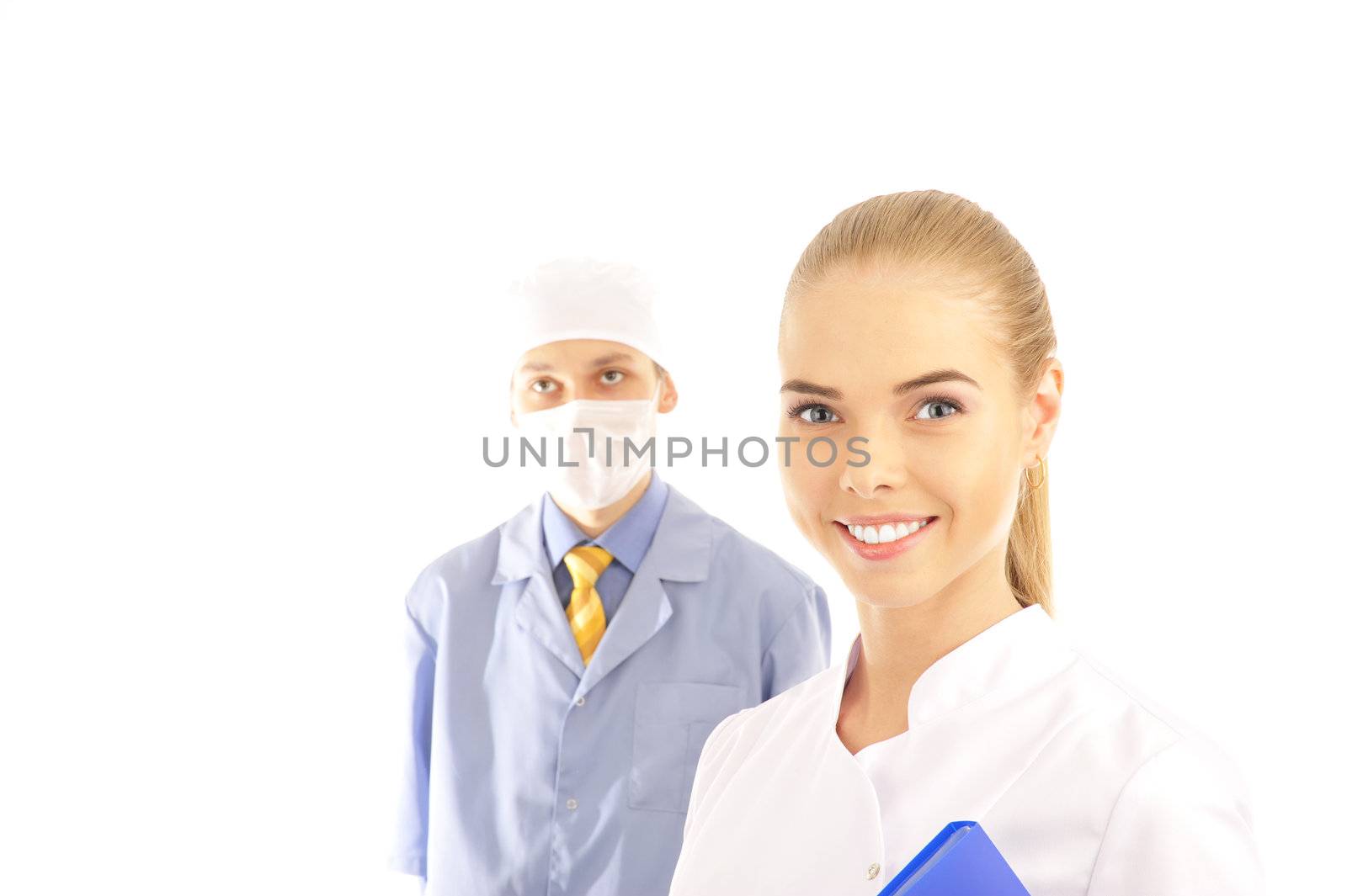  Portrait of a young doctor and his assistant  isolated on white