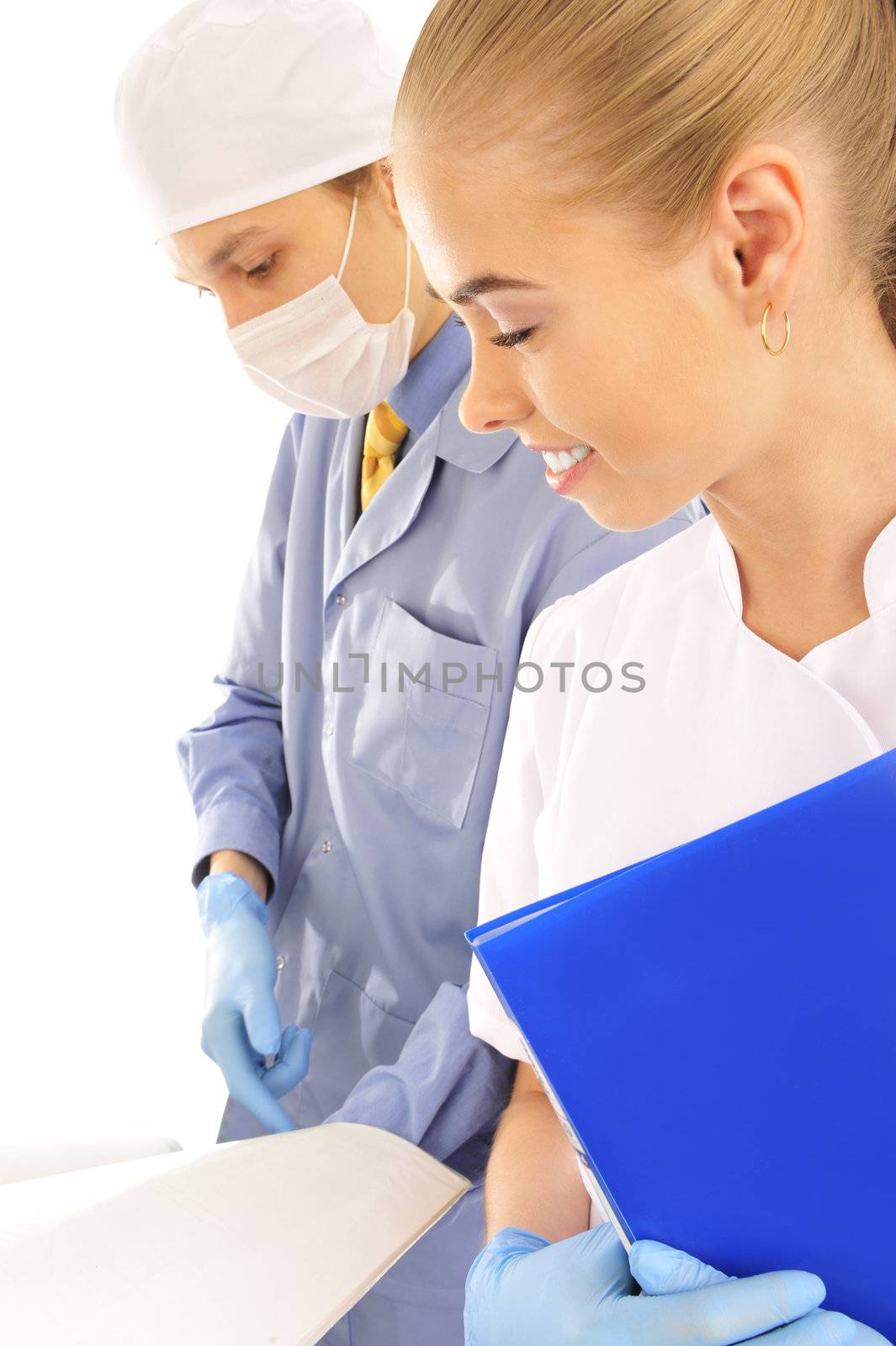  Portrait of a young doctor and his assistant  isolated on white