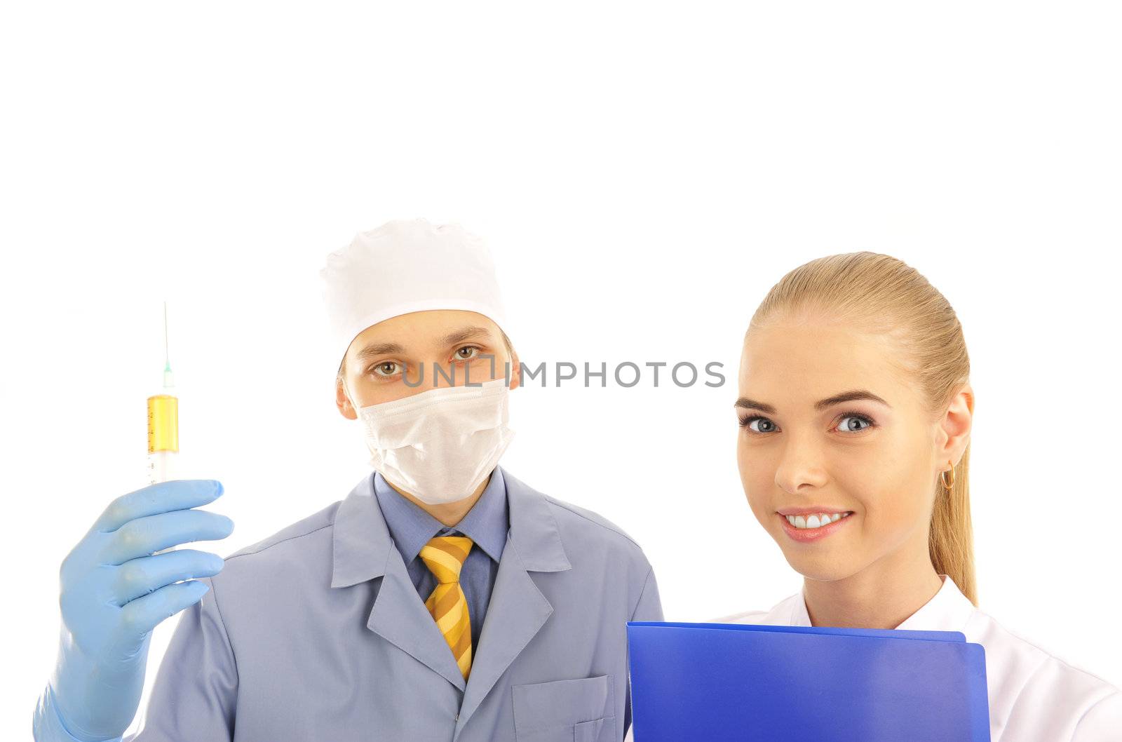 Portrait of a young doctor and his assistant  isolated on white
