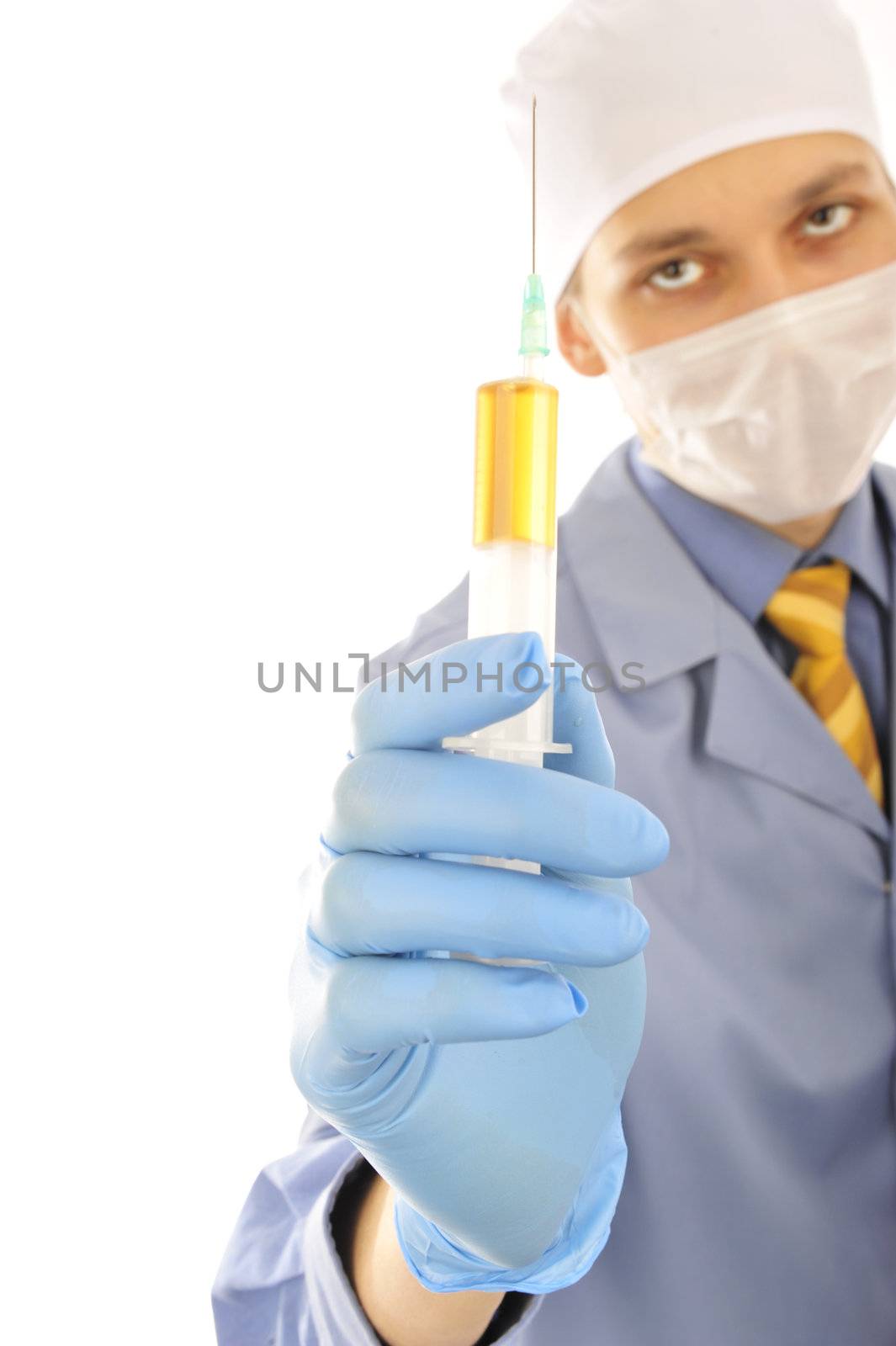 Portrait of a young doctor with a syringe isolated on white