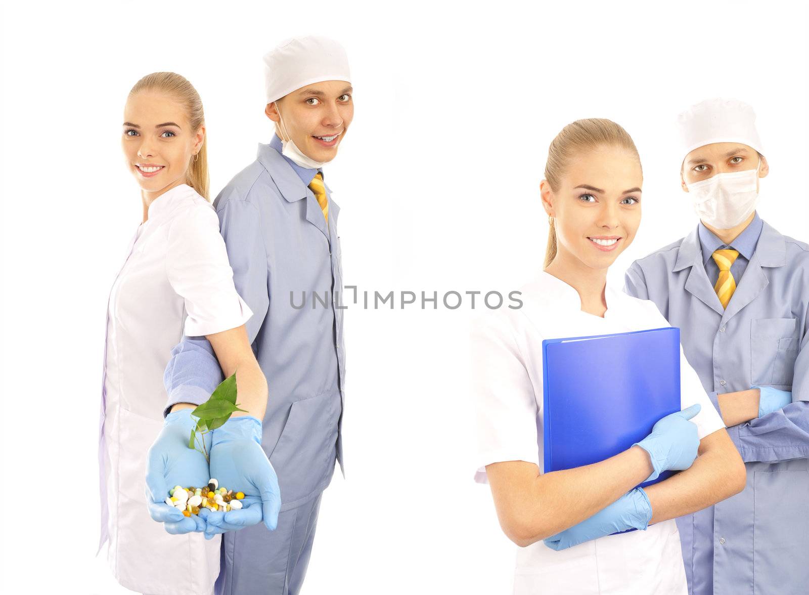  Portrait of a young doctor and his assistant  isolated on white