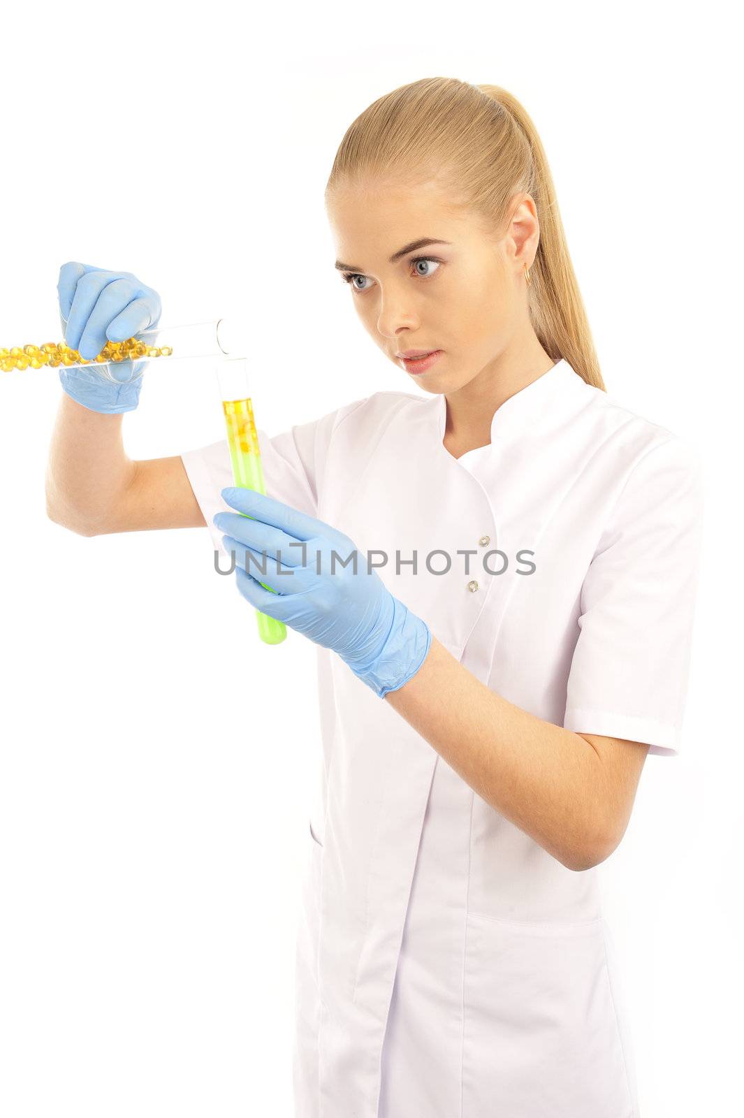  young nurse working with medicines  isolated on white