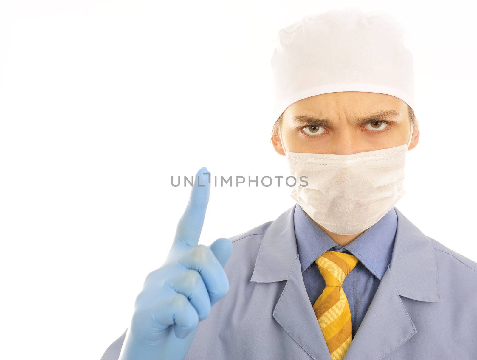  young doctor warning isolated on white