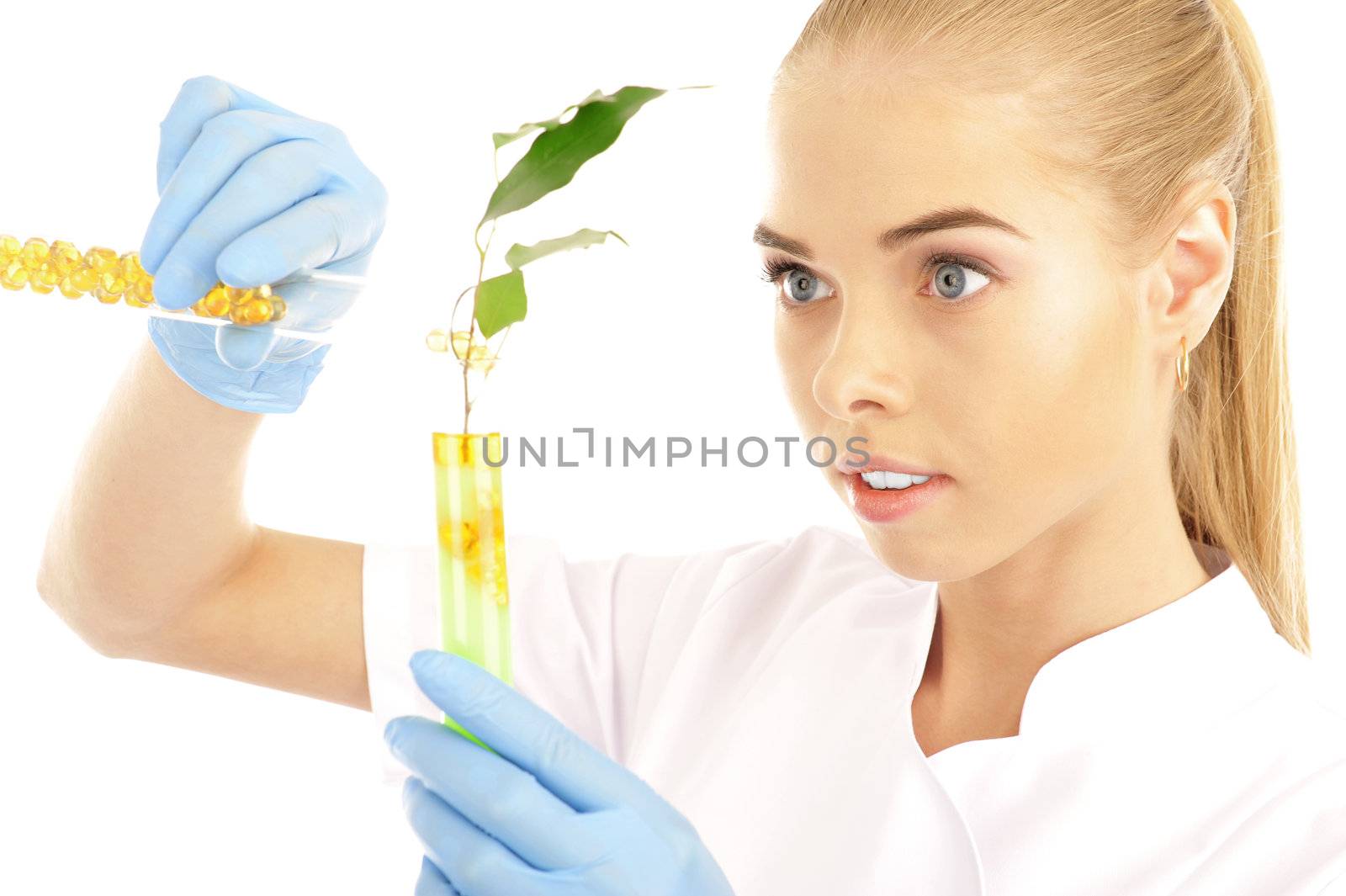 young nurse working with medicines  isolated on white