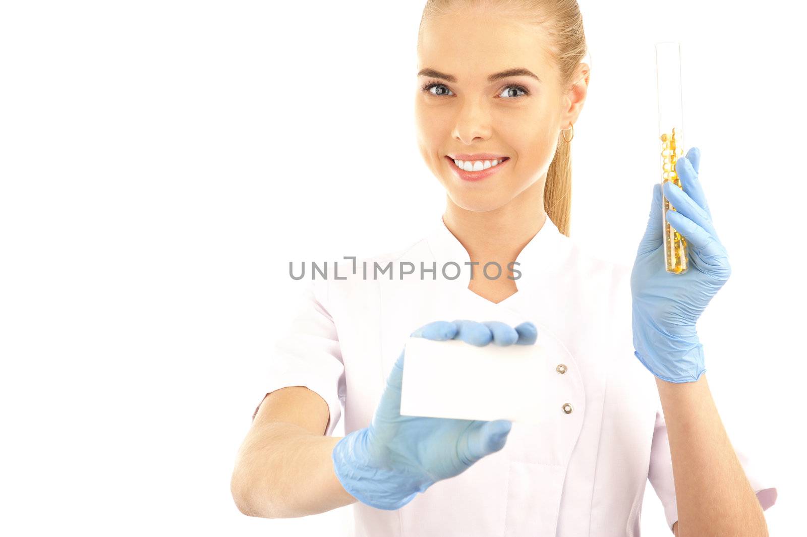 young friendly nurse holding blank card