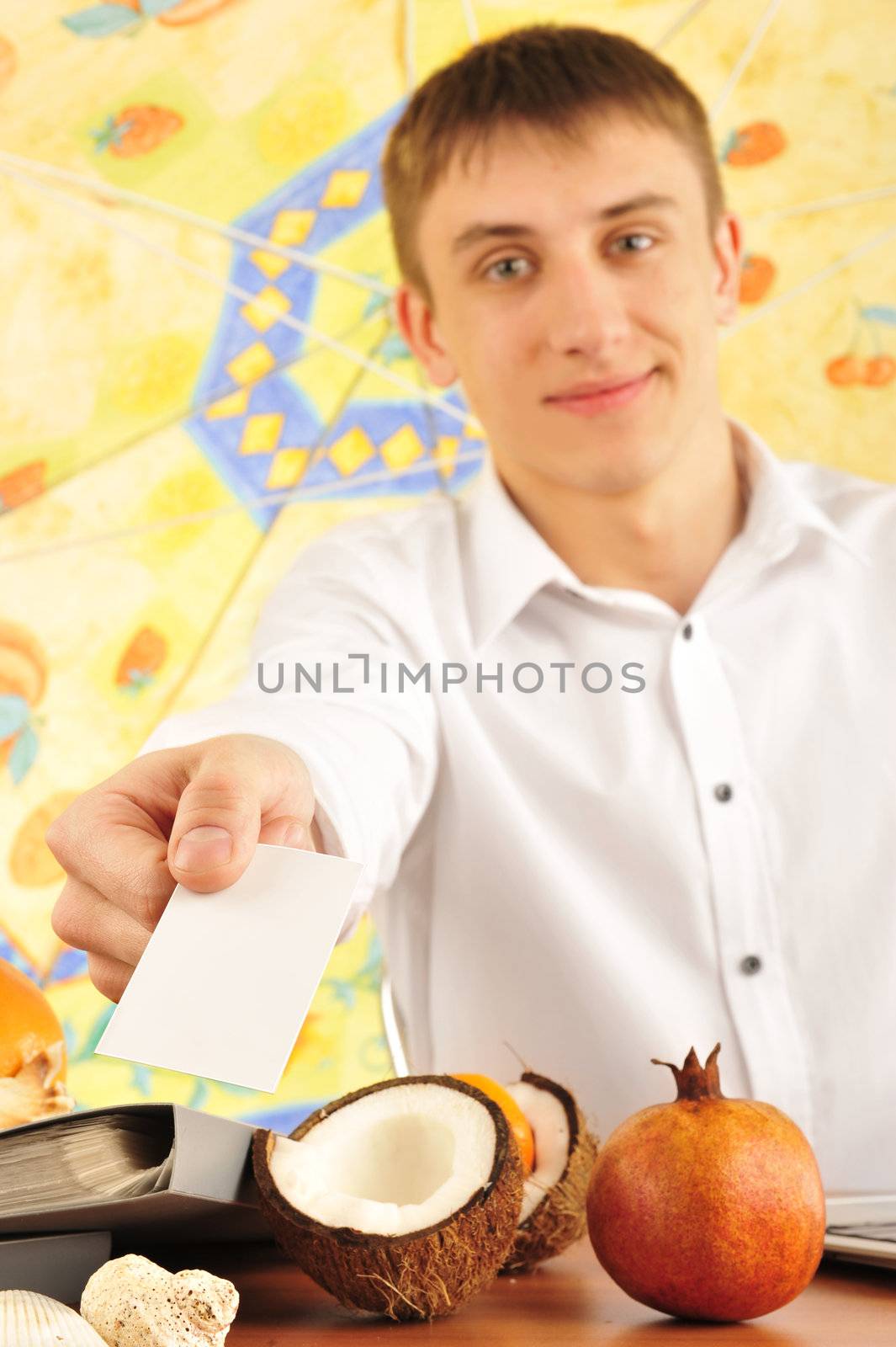 young man with a blank card by HASLOO