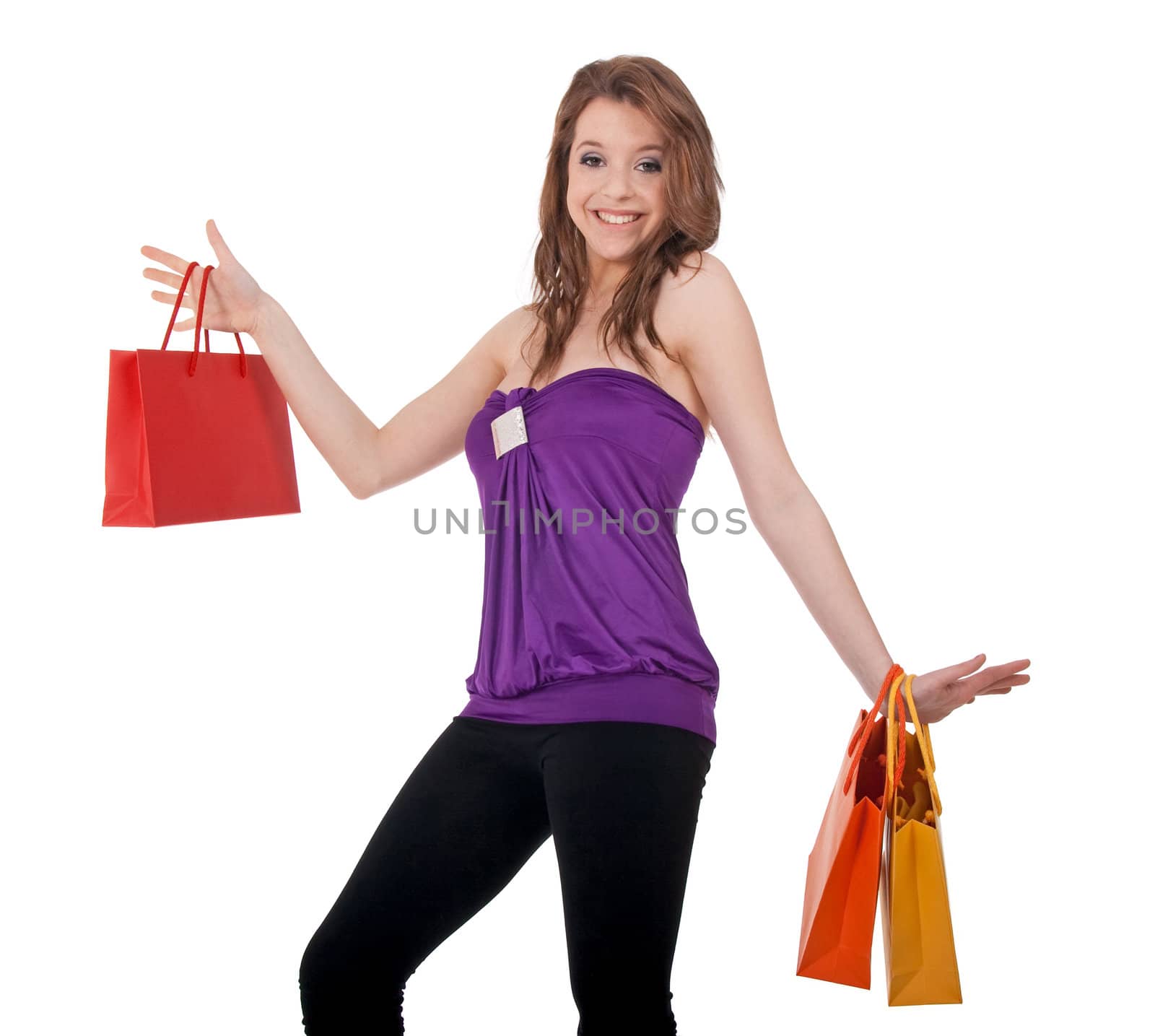 Funny girl with colorful shopping bags by anikasalsera