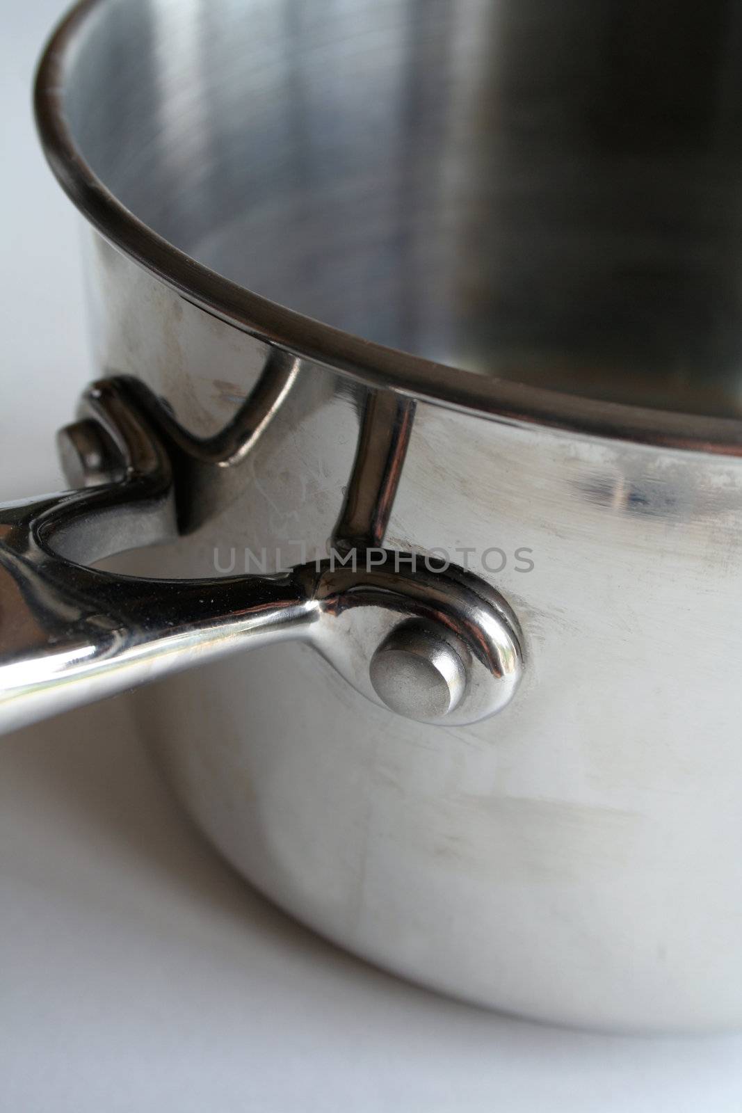 A closeup of a stainless steel pot.