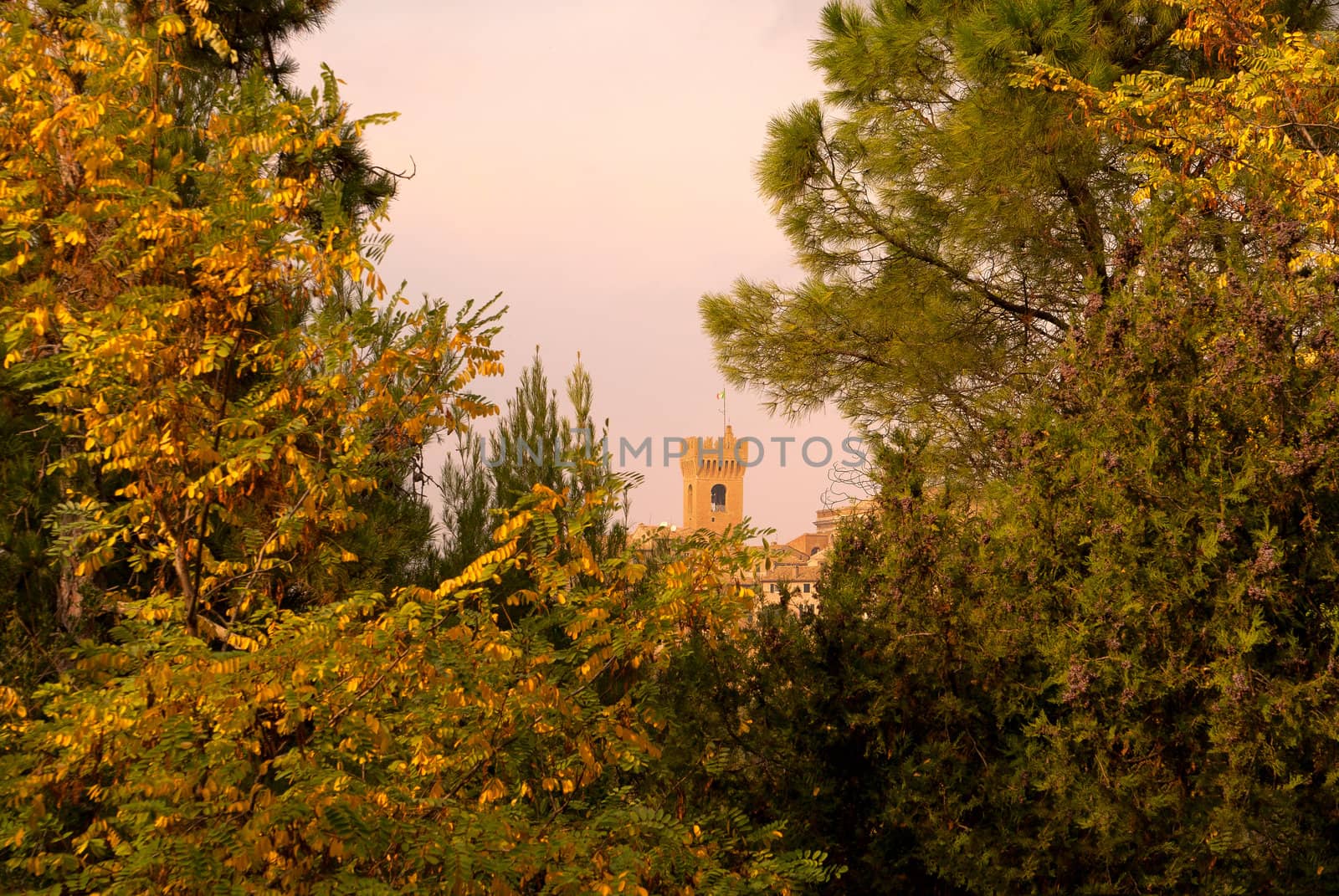 Italian panorama of mountains, the tower of a castle among the autumn leaves