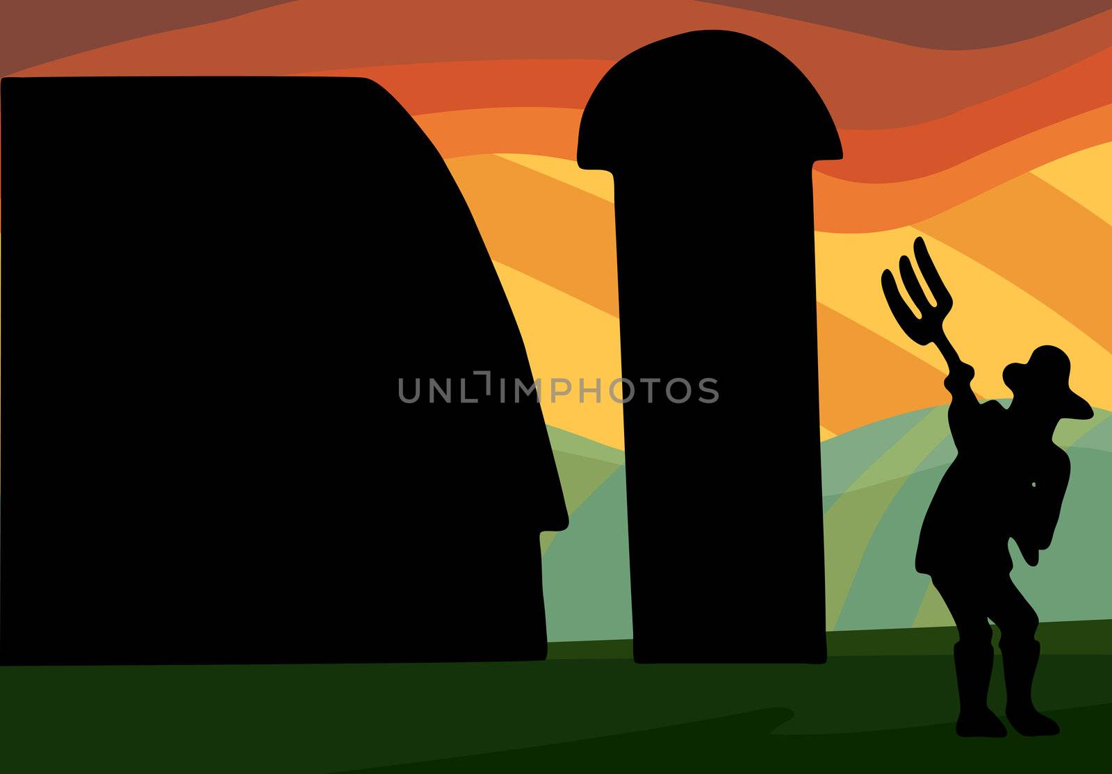 Farmer works with pitchfork in front of large barn and silo