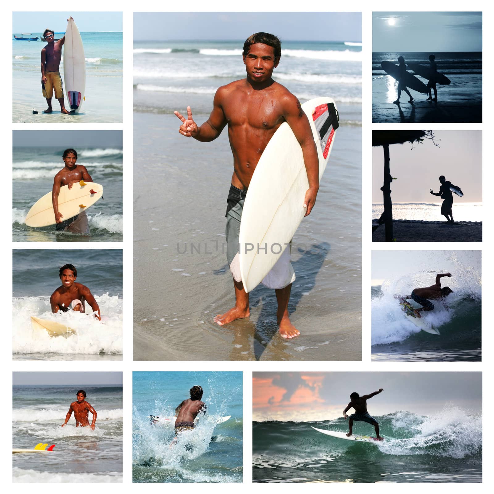 Collage from 10 photos surfer . Bali