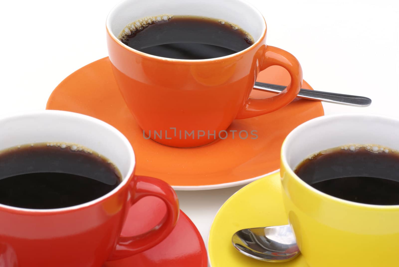 Cups of coffee in multiple spring colors.