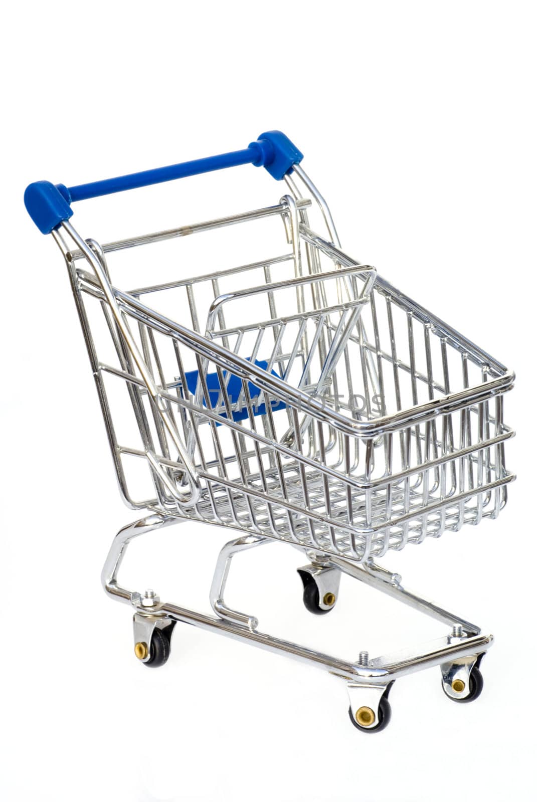 Silver with blue shopping cart isolated on white.