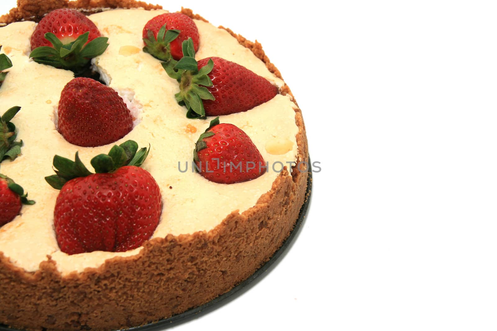 strawberry and chocolate cake over white background