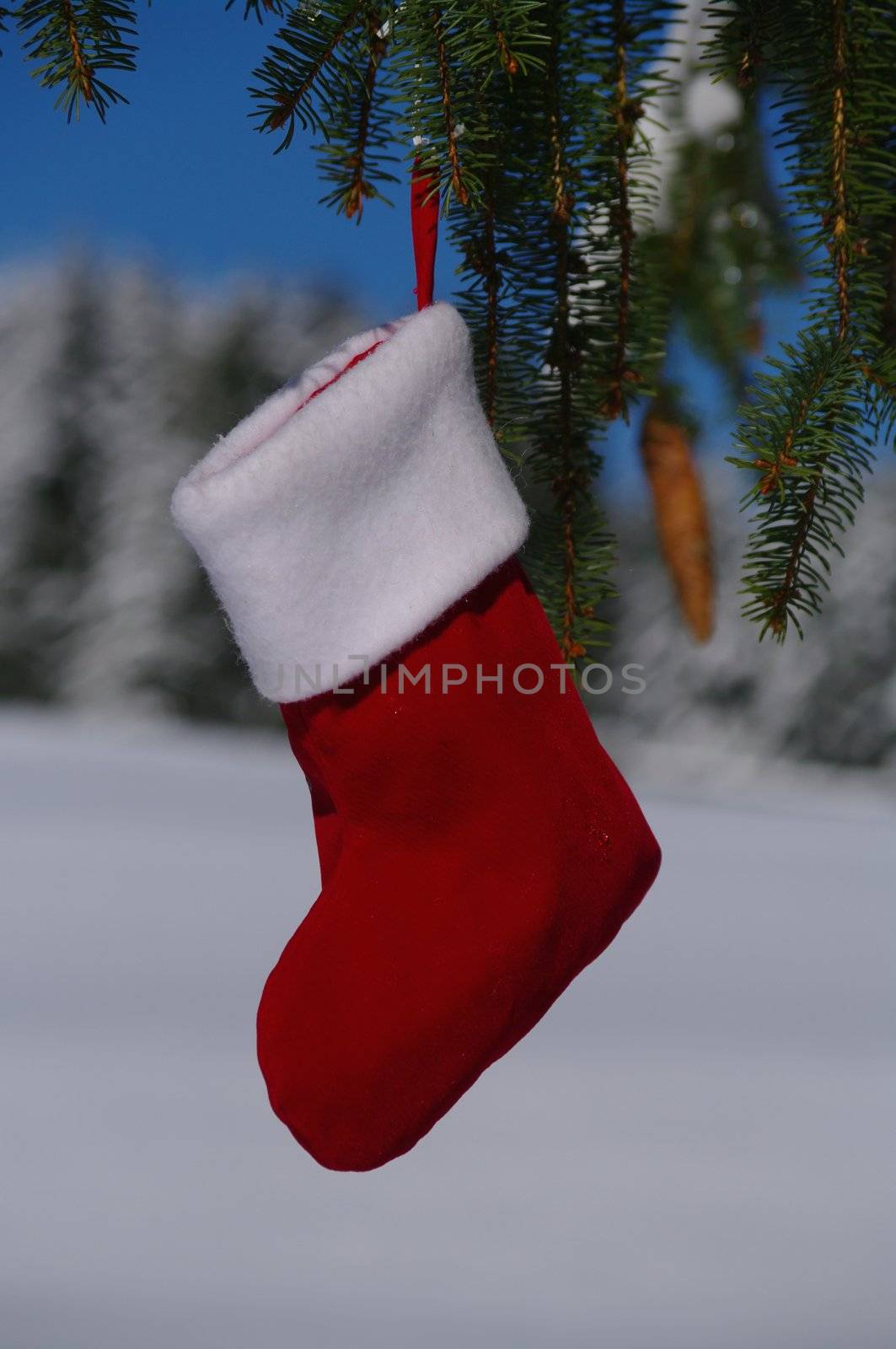 Santa Claus Christmas boot for gifts outside in a snowy landscape