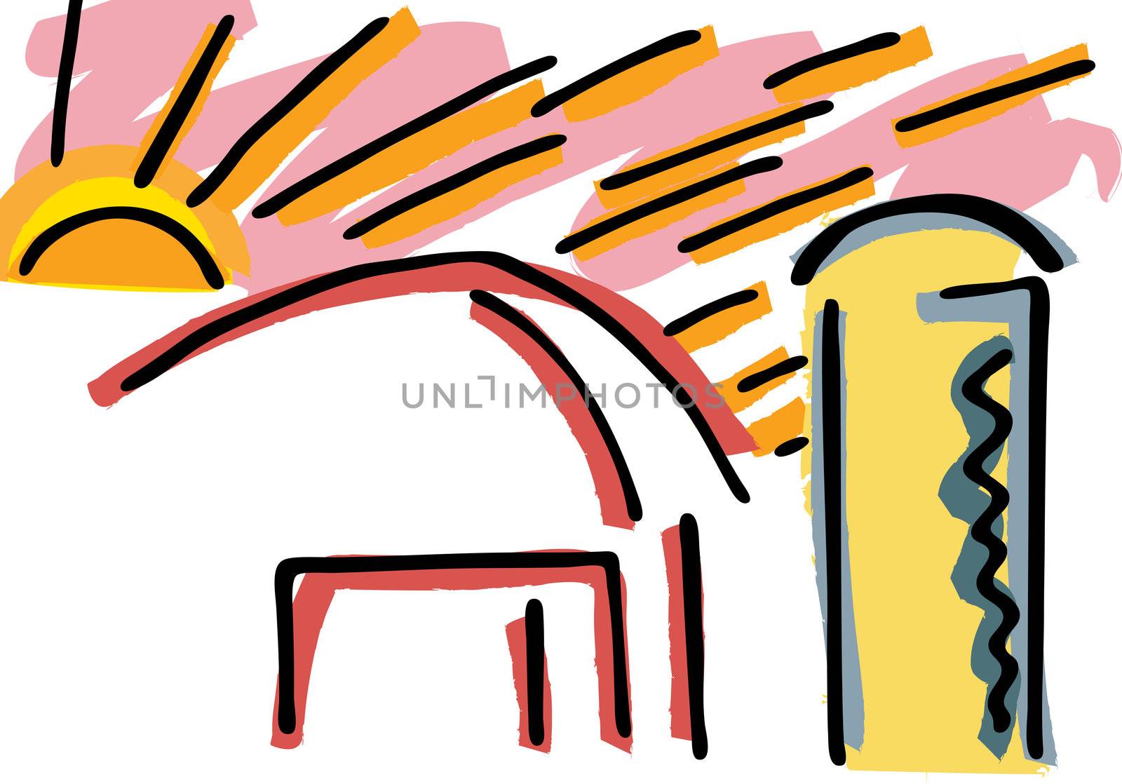 Abstract drawing of a sunrise behind a barn and silo