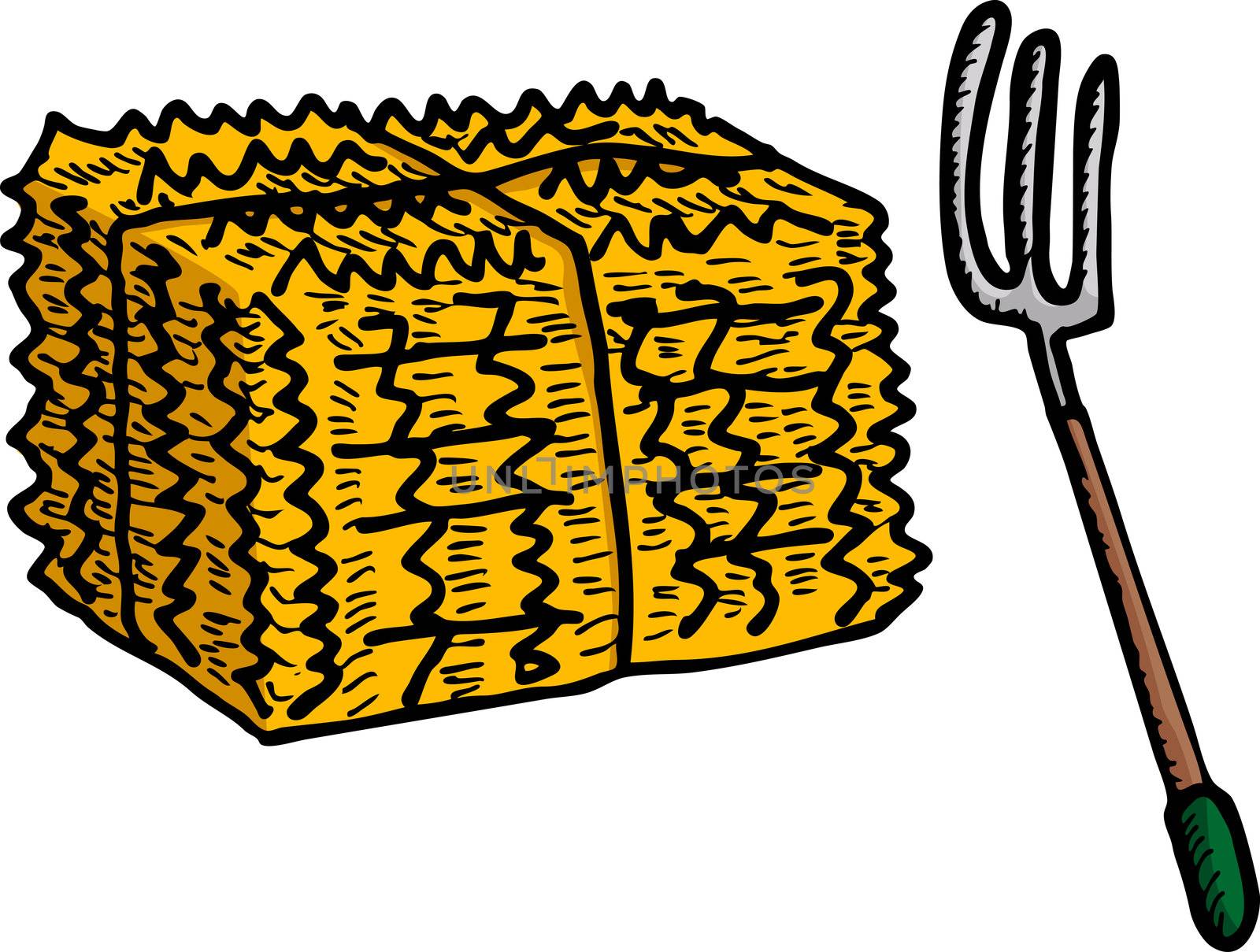 Isolated stack of hay and pitchfork illustration