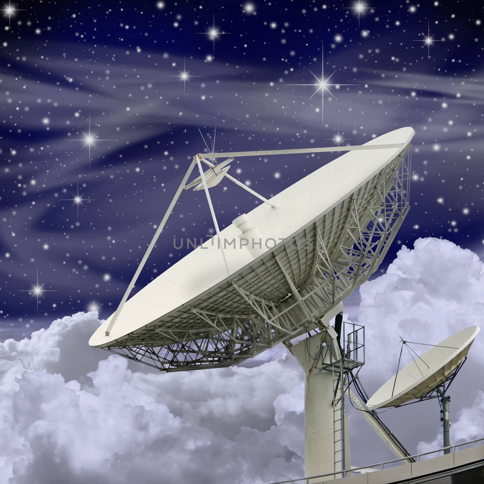 Large Satellite Dish with Clouds and Stars