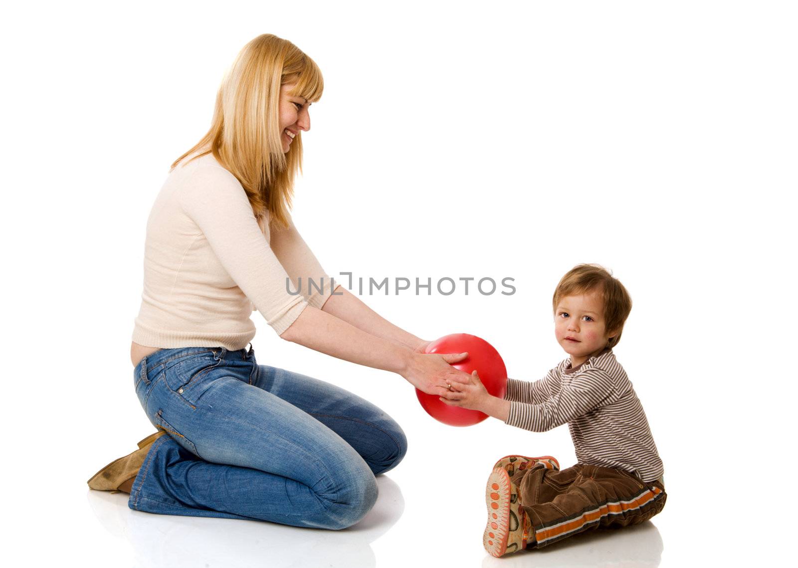 Happy mother playing with son isolated on white