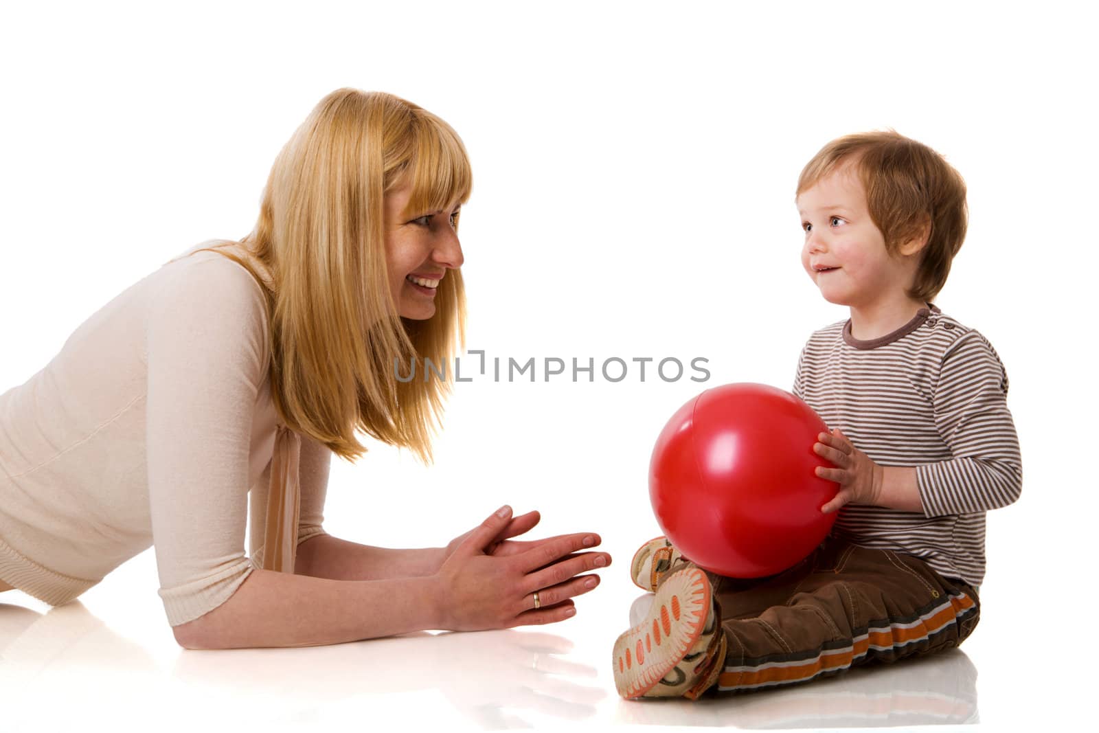 Happy mother playing with son isolated on white
