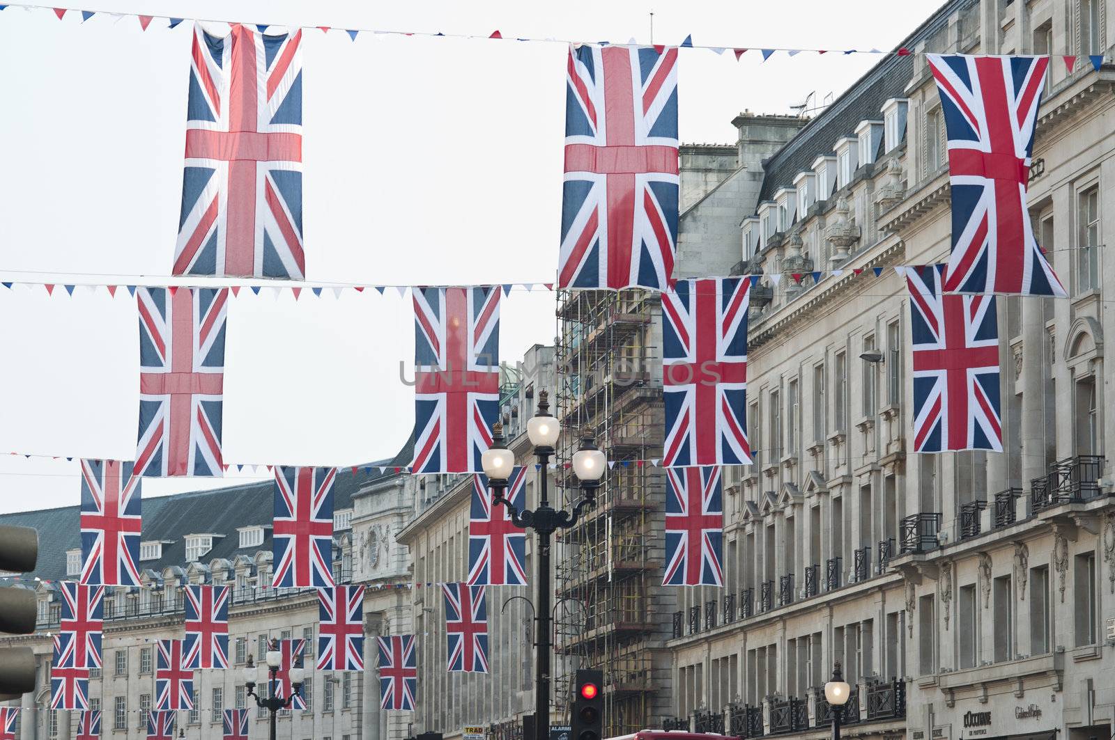 LONDON - APRIL 24: Central London hangs up buntings for Prince William and Catherine Middleton's royal wedding celebration to take place April 29 at Westminster Abbey. April 24, 2011 in London, England.