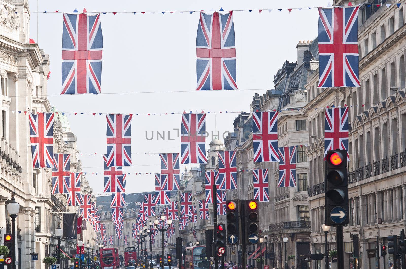 LONDON - APRIL 24: Central London hangs up buntings for Prince William and Catherine Middleton's royal wedding celebration to take place April 29 at Westminster Abbey. April 24, 2011 in London, England.