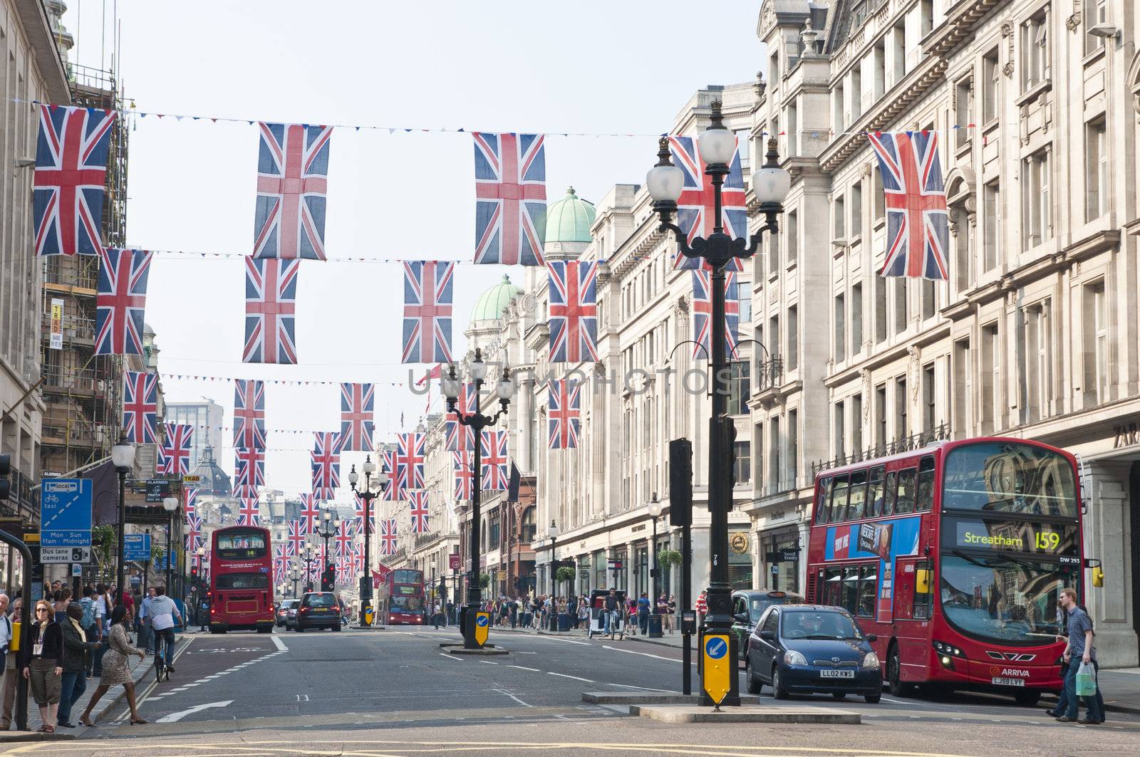 LONDON - APRIL 24: Central London hangs up buntings for Prince William and Catherine Middleton's royal wedding celebration to take place April 29 at Westminster Abbey. April 24, 2011 in London, England.