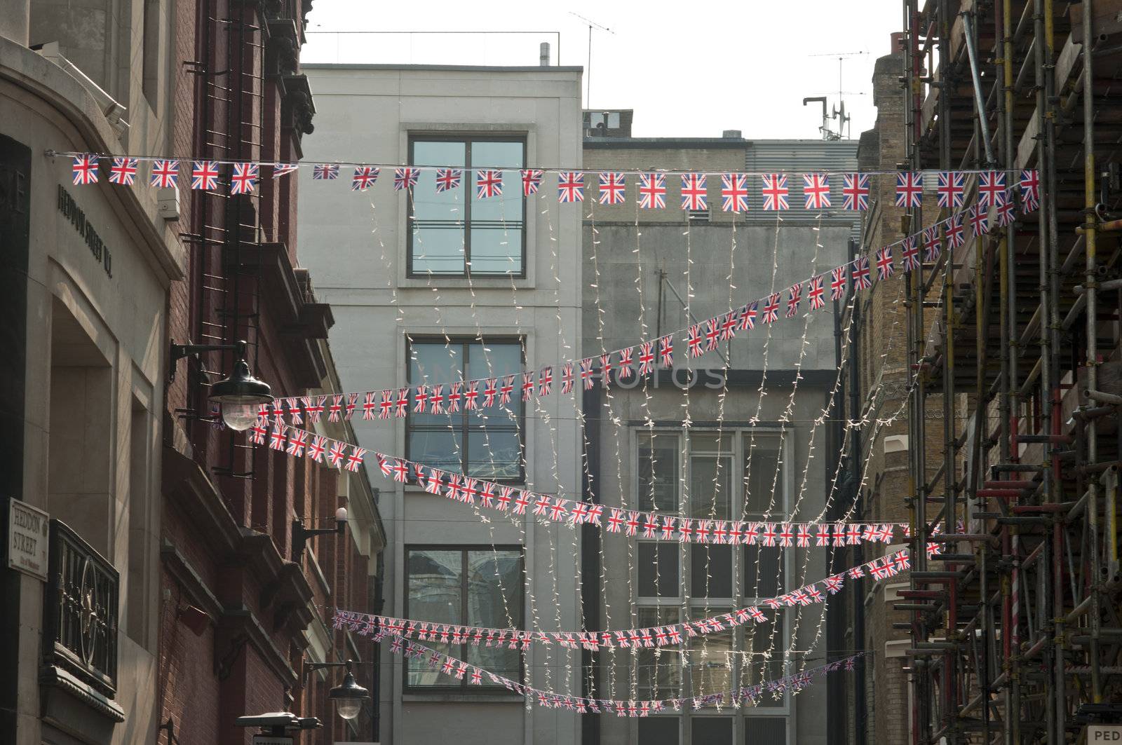 LONDON - APRIL 24: Central London hangs up buntings for Prince William and Catherine Middleton's royal wedding celebration to take place April 29 at Westminster Abbey. April 24, 2011 in London, England.