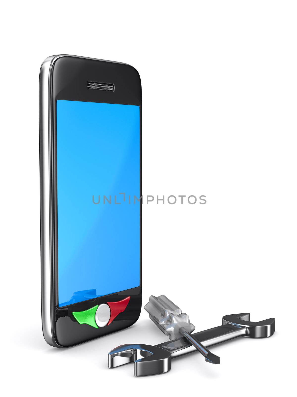 Phone repair on white background. Isolated 3D image