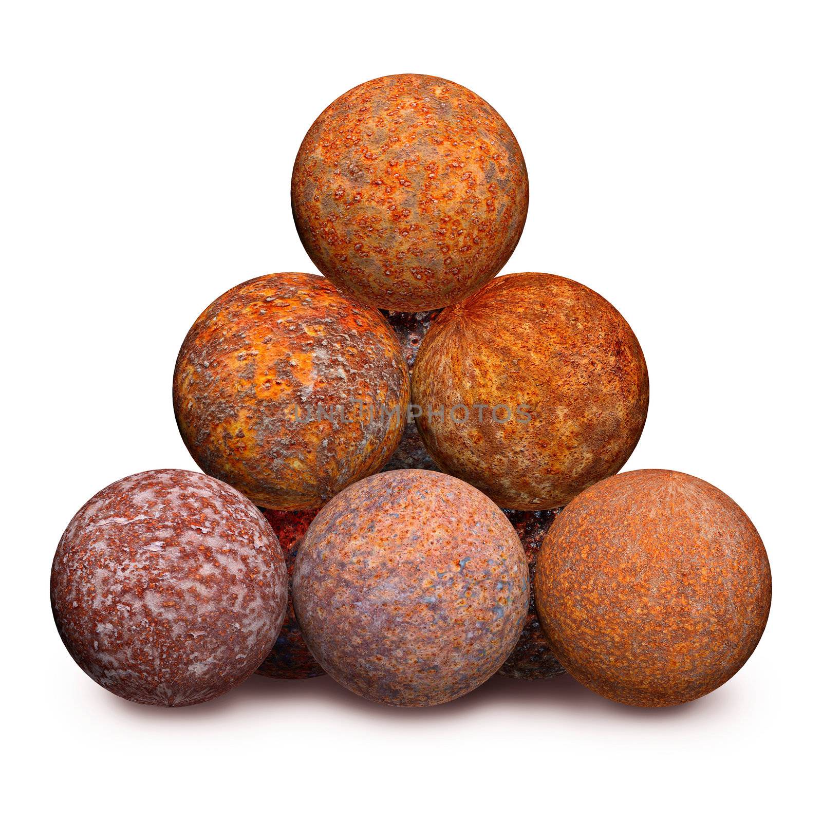 Ten rusty iron cannon balls isolated on a white background