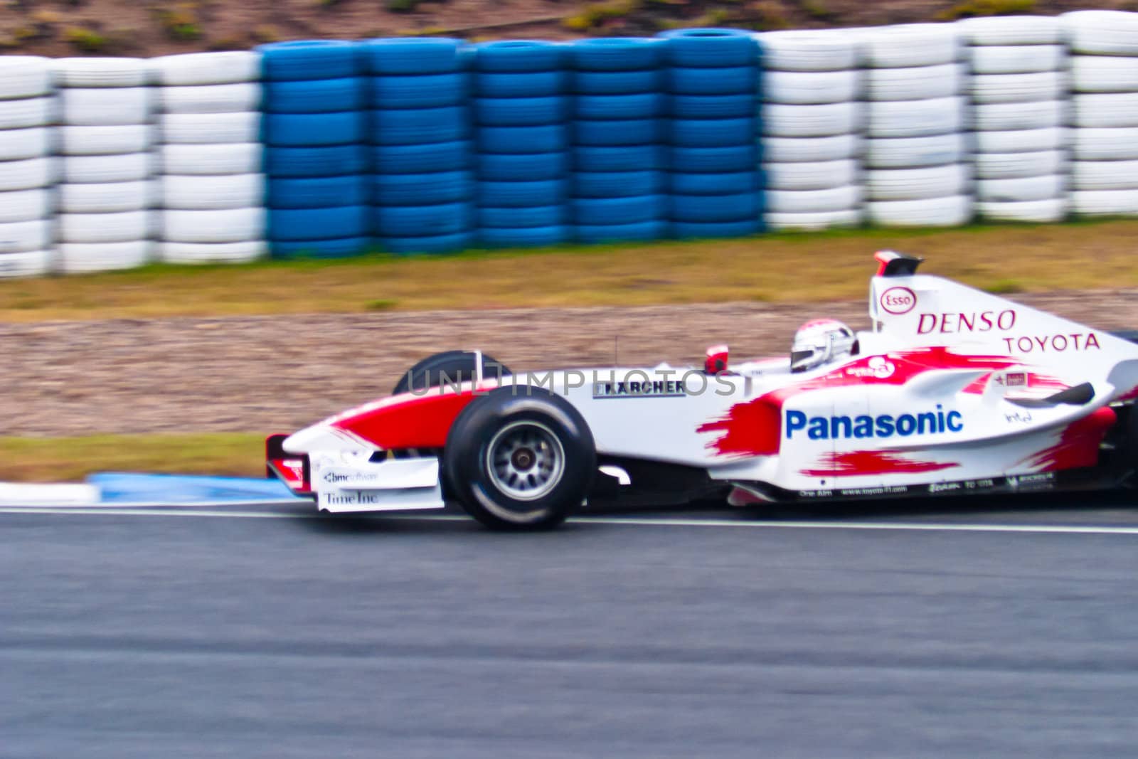 JEREZ DE LA FRONTERA, SPAIN - DEC 04: Jarno Trulli of Toyota F1 races during a training session on December 04, 2004, in Jerez de la Frontera, Spain