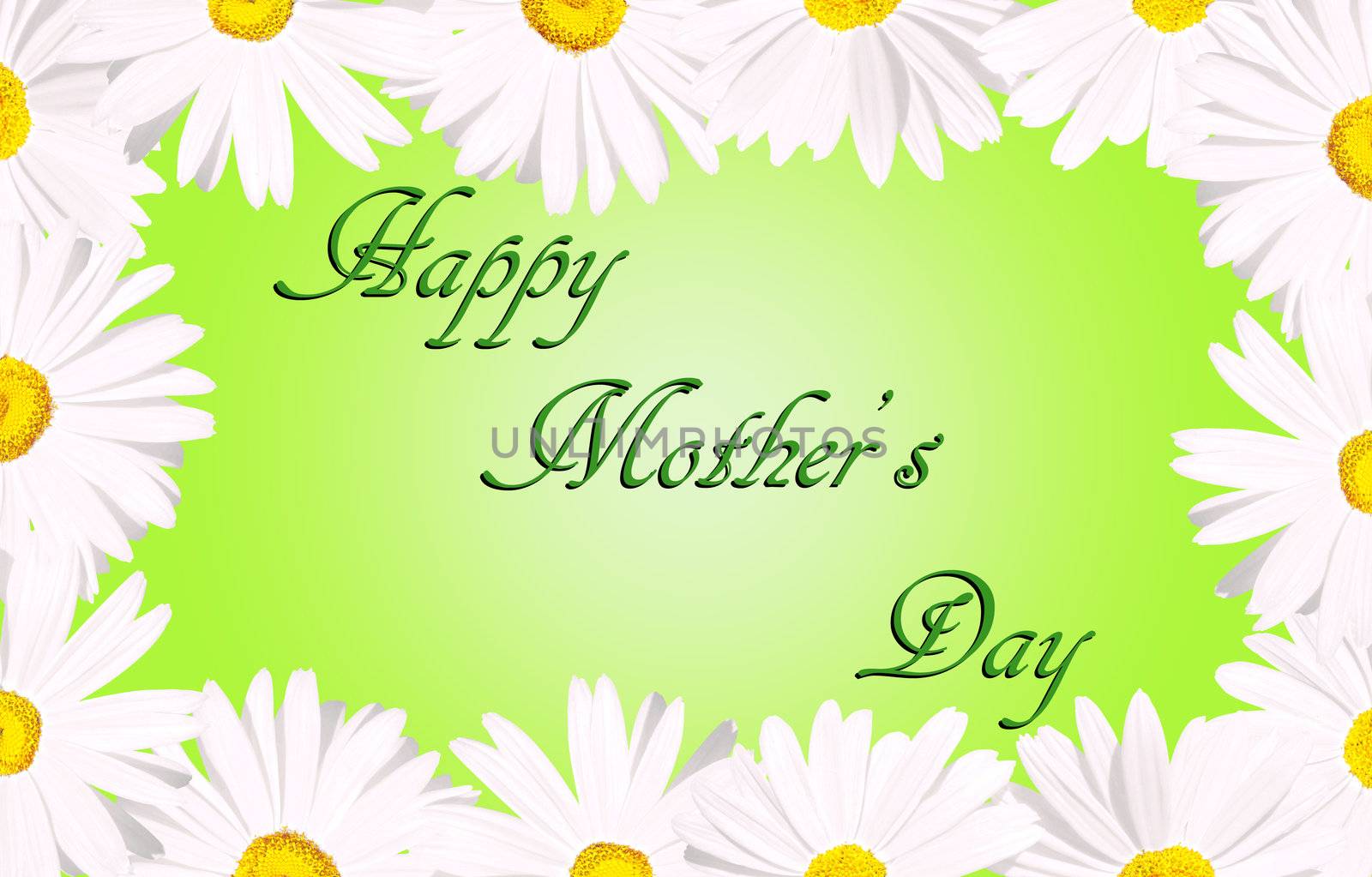 Happy mother's day written in beautiful script with white daisies forming a border over baby green background, perfect card for the occasion.               