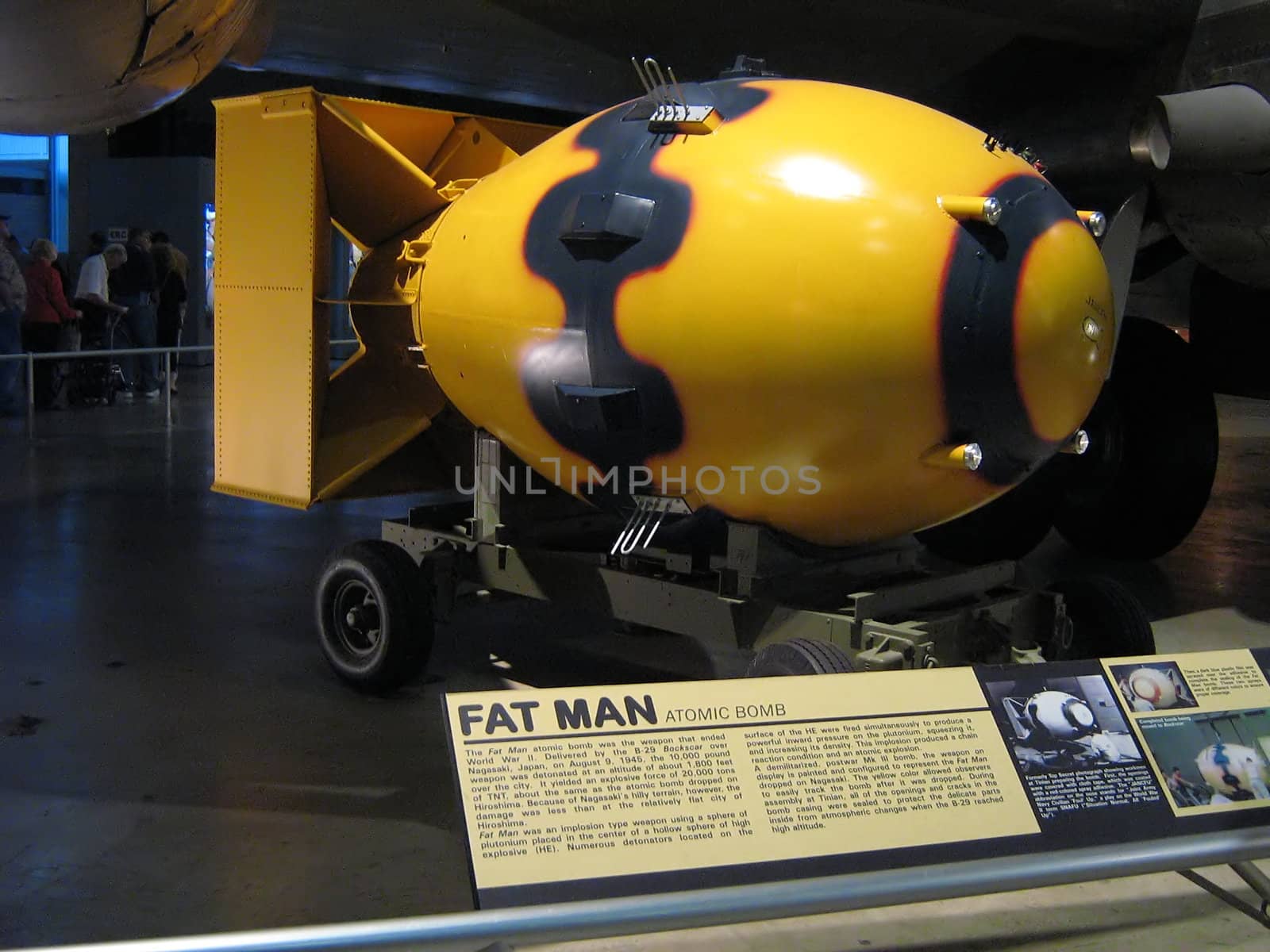 A photograph of a replica bomb used by military aircraft.