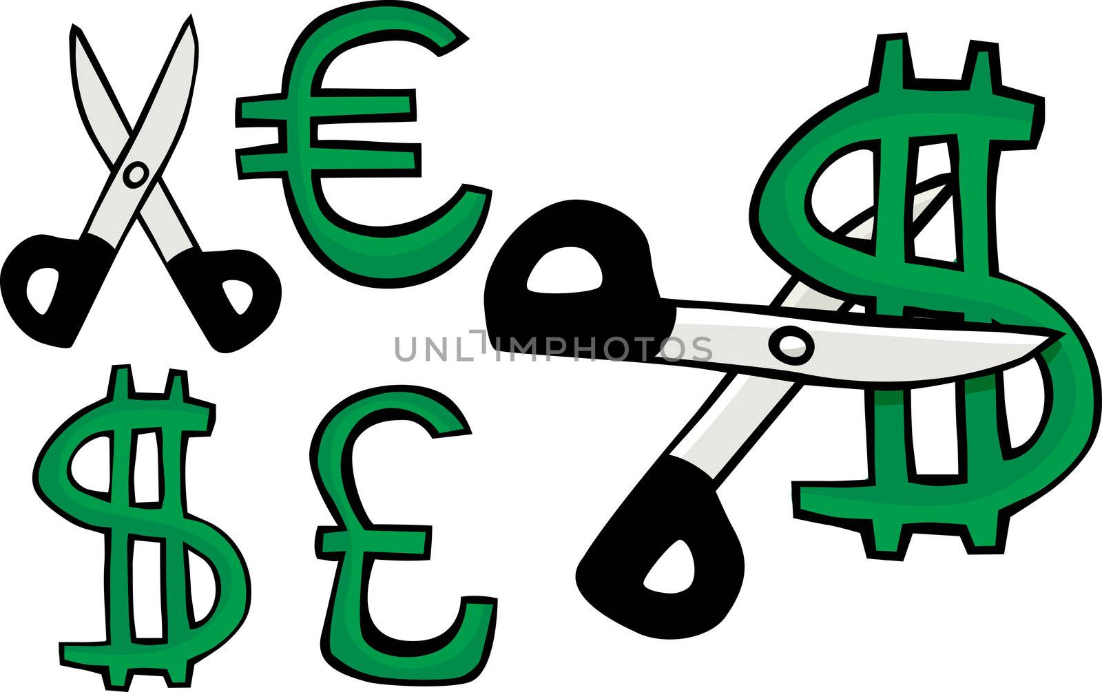Scissors cuts a symbol of the United States dollar, Euro or British Pound Sterling
