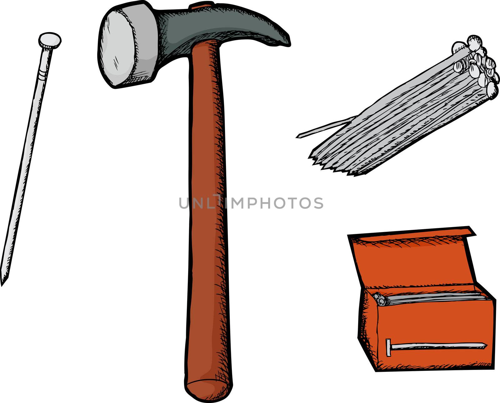 Hammer illustration with single, grouped and boxed nails