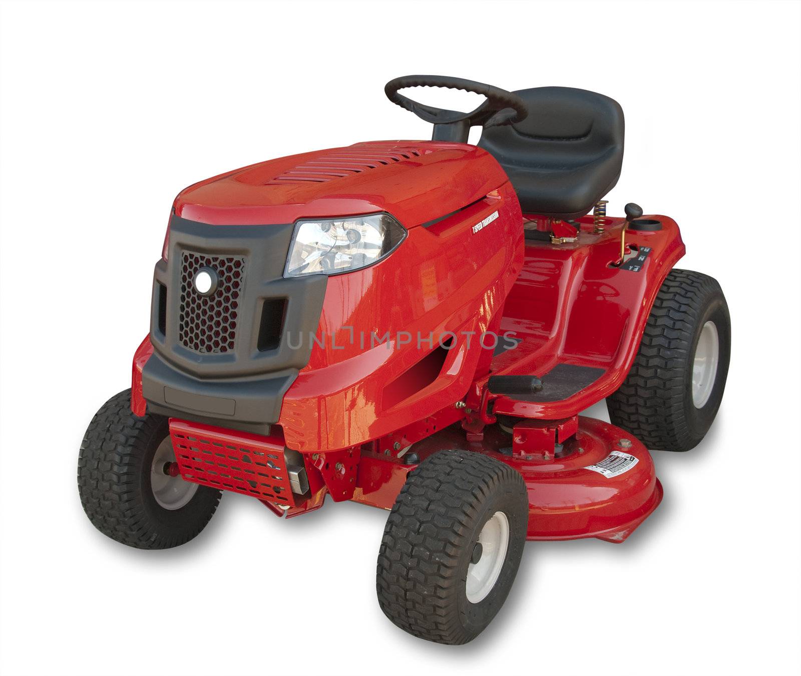 Red sitting lawn tractor on white, isolated with shadow and clipping path