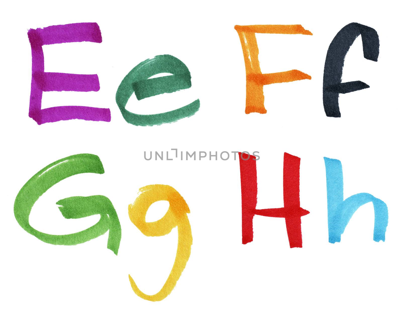 Very large handwritten font, letters E F G H in capital and small cases, made with colorful ink markers and paper fibers visible.