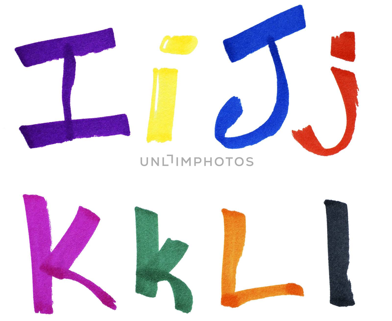 Very large handwritten font, letters I J K L in capital and small cases, made with colorful ink markers and paper fibers visible.