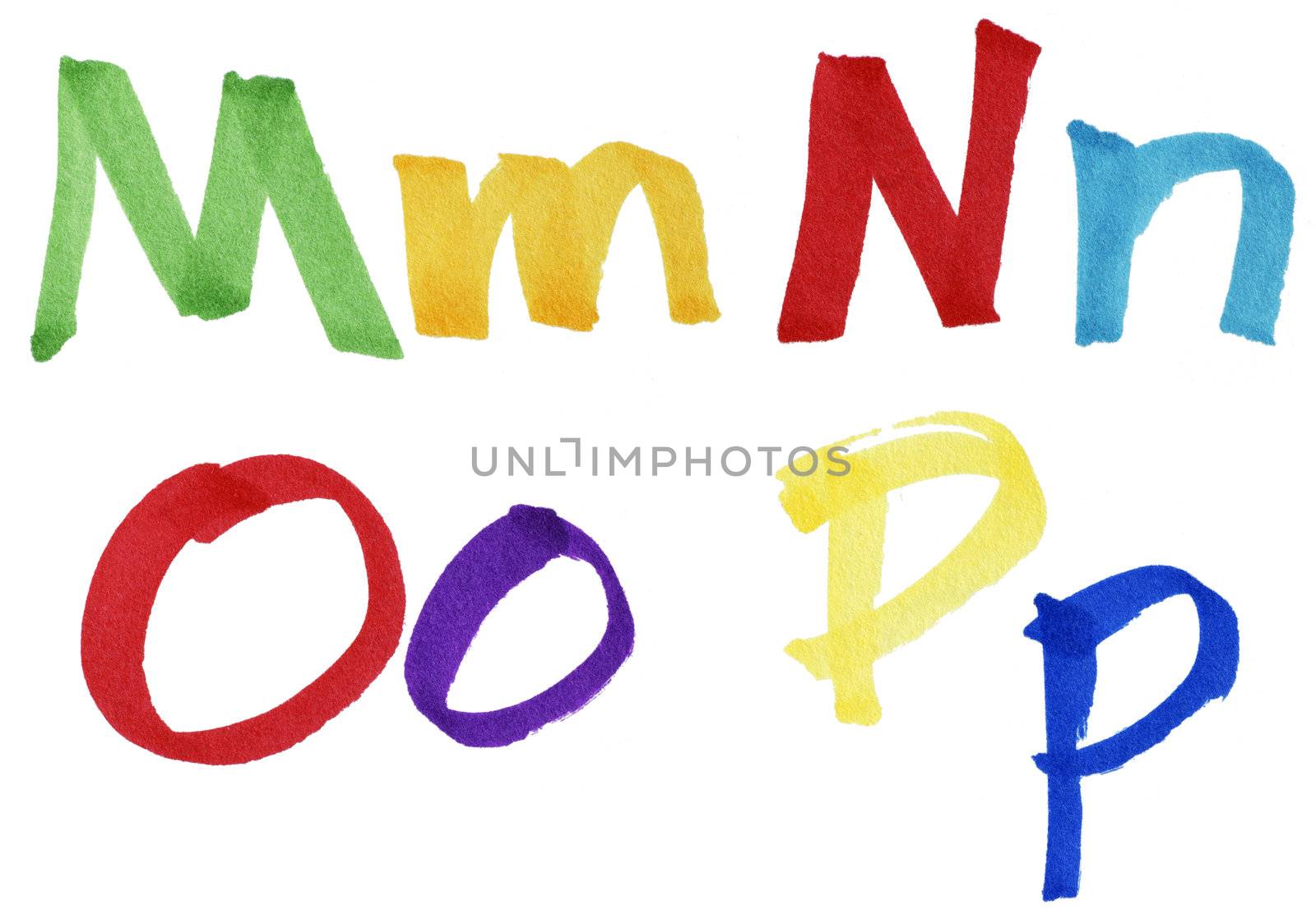 Very large handwritten font, letters M N O P in capital and small cases, made with colorful ink markers and paper fibers visible.