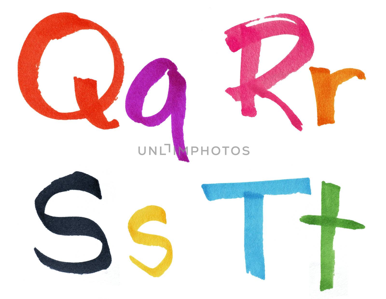 Very large handwritten font, letters Q R S T in capital and small cases, made with colorful ink markers and paper fibers visible.