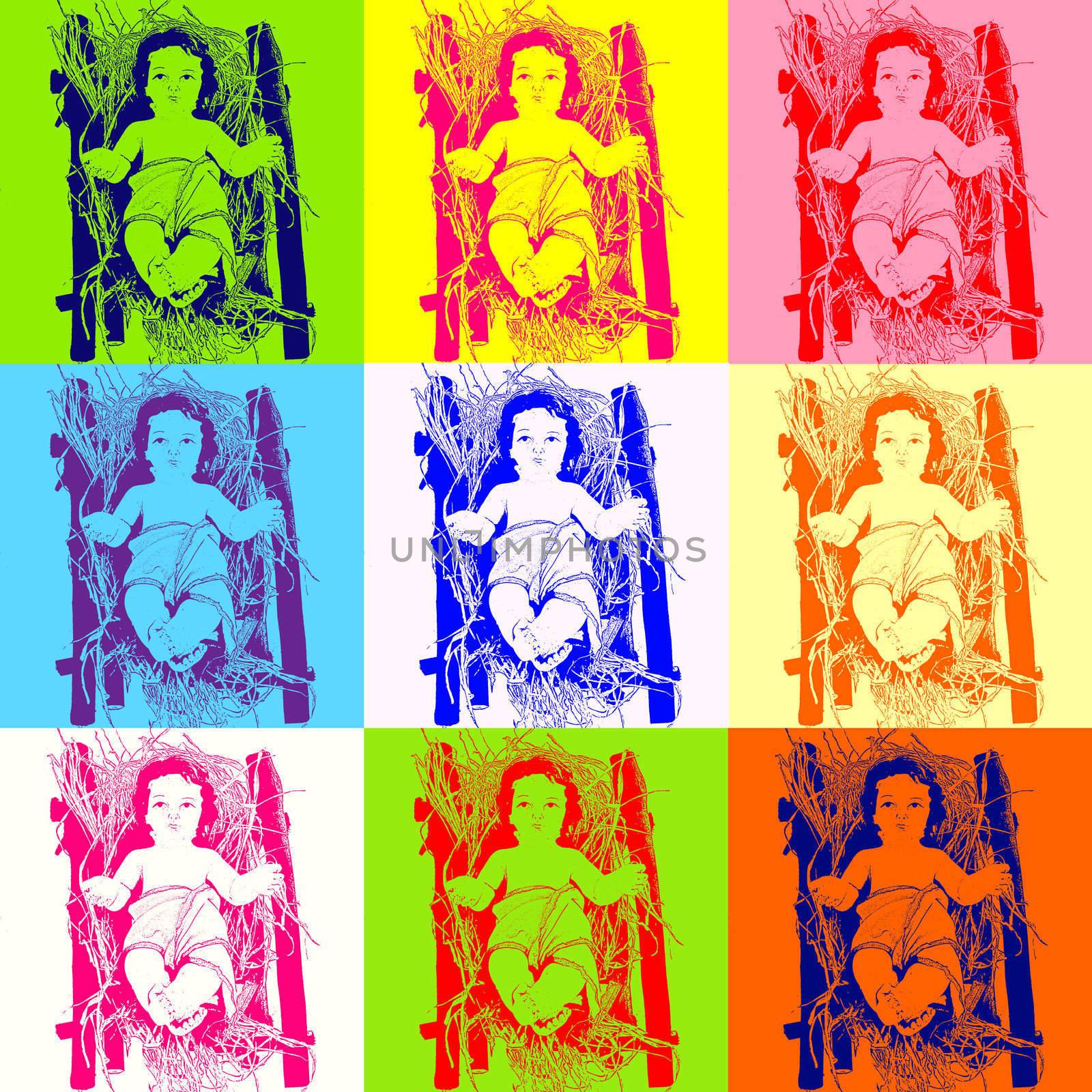 Christmas background, Baby Jesus in the crib style pop art